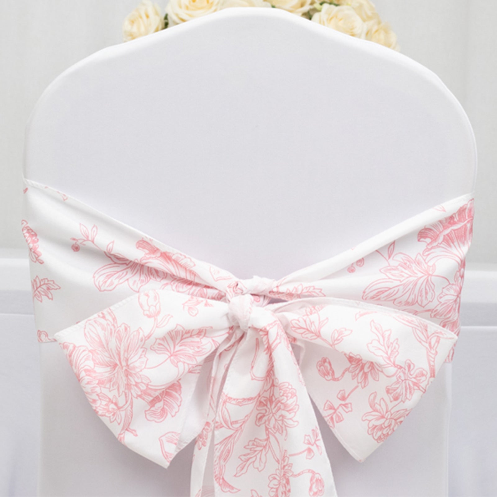 Polyester Chair Sashes White/Pink French Toile Floral Design - Wrinkle-Resistant & Durable Chair Bows 6x108