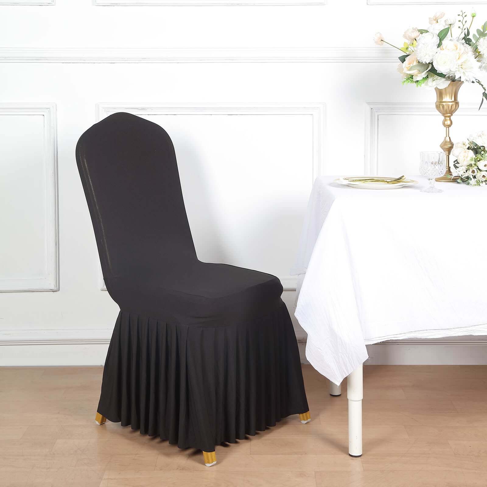 Spandex Chair Cover with Ruffle Pleated Skirt for Banquet Chairs Black - 1-Piece Stretch Fitted Slipcover