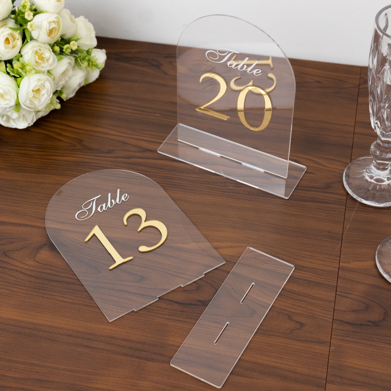 Clear Arch Acrylic Table Numbers (11-20) - 6x7 Wedding Reception Signs with Gold Print & Stands