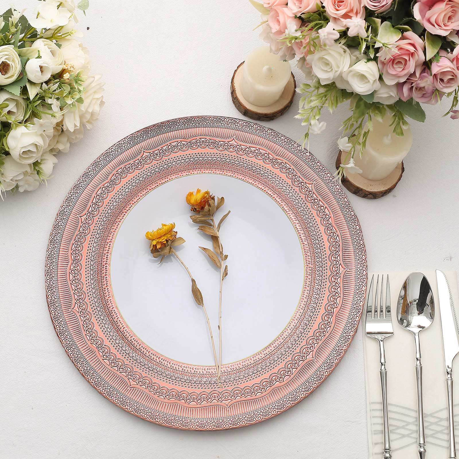 6-Pack Acrylic Round Charger Plates 13 in Rose Gold with Lace Embossed Rim, Rustic Plastic Decorative Charger Tableware