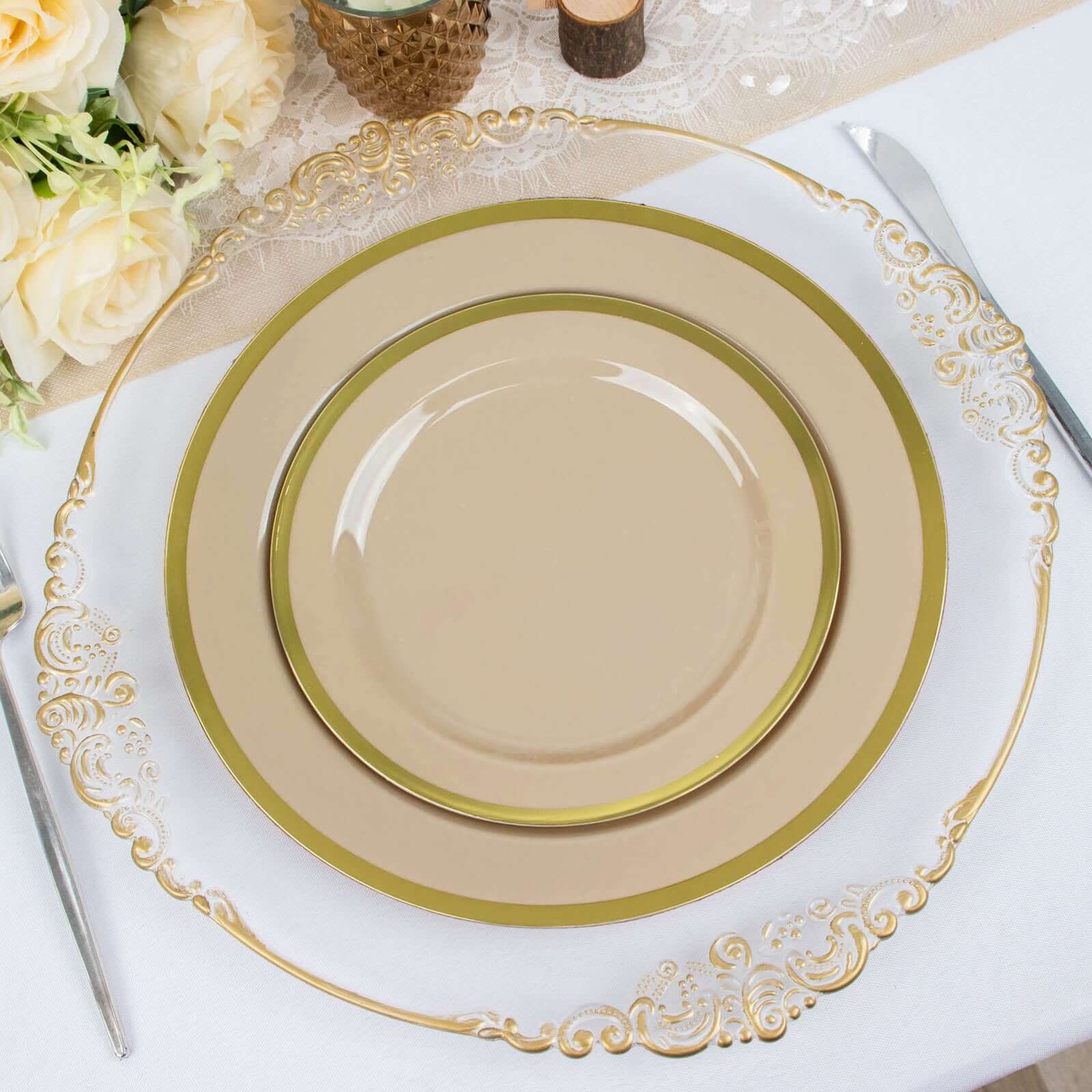 10-Pack Plastic 7 Round Appetizer Plates in Taupe with Gold Rim - Sleek Disposable Salad Plates for Banquets & Special Occasions