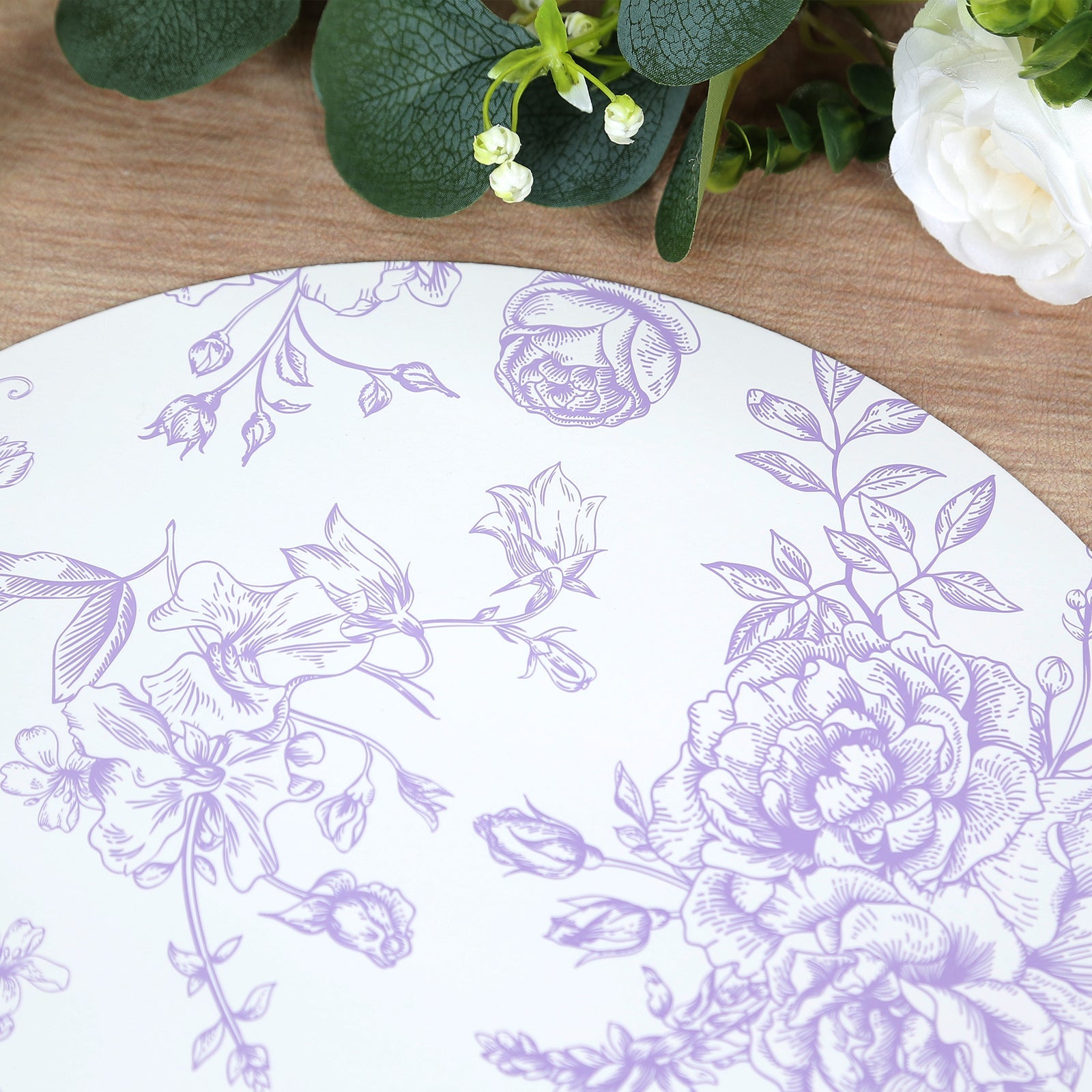 10-Pack Disposable Table Placemats in French Toile Print 13 in White/Matte Lavender - Chic Floral Cardboard Placemats for Stylish Table Setting