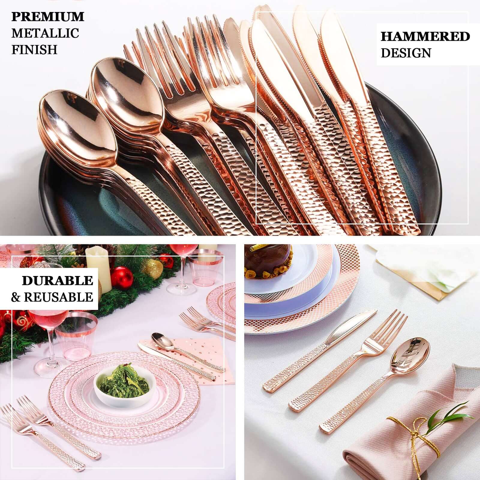 24-Pack Plastic Silverware Set with Hammered Design Rose Gold - Heavy Duty Disposable Utensils 7