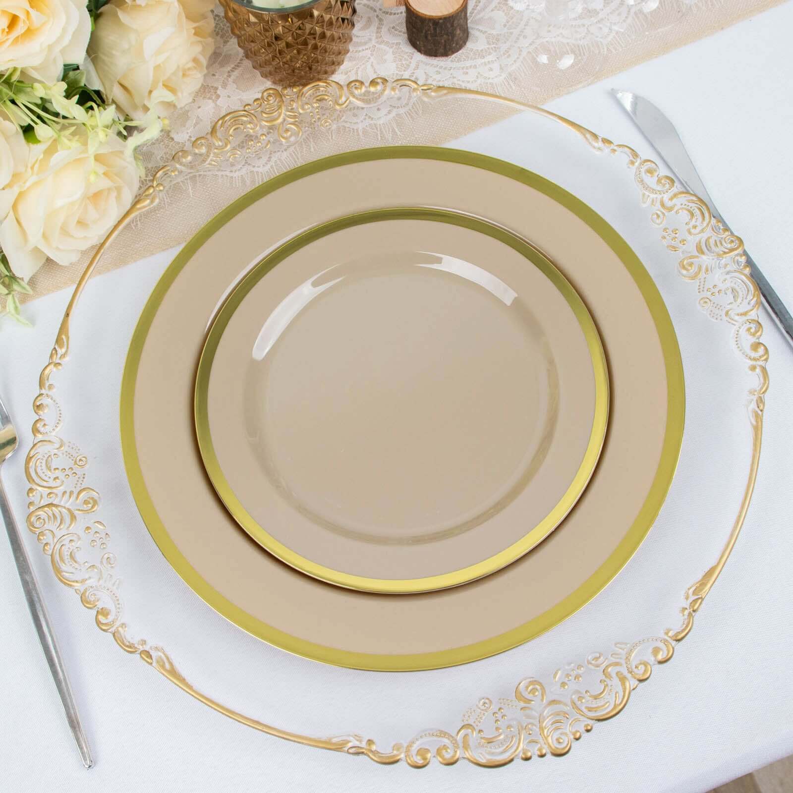 10-Pack Plastic 10 Round Dinner Plates in Taupe with Gold Rim - Disposable Party Plates for Classy Banquets & Special Occasions