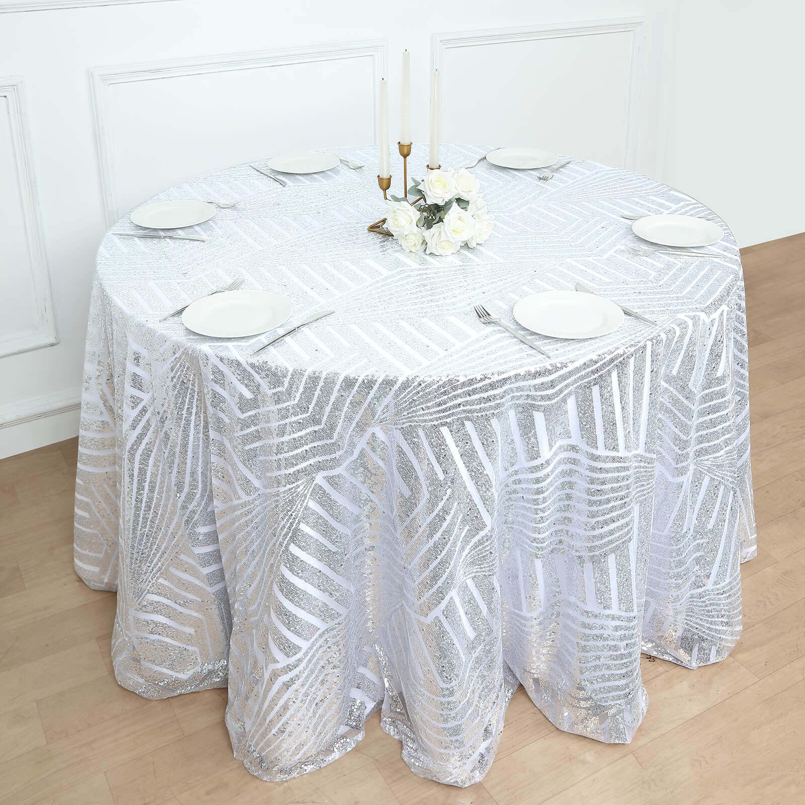 Sequin 120 Round Tablecloth Silver - Seamless Diamond Glitz Table Cover