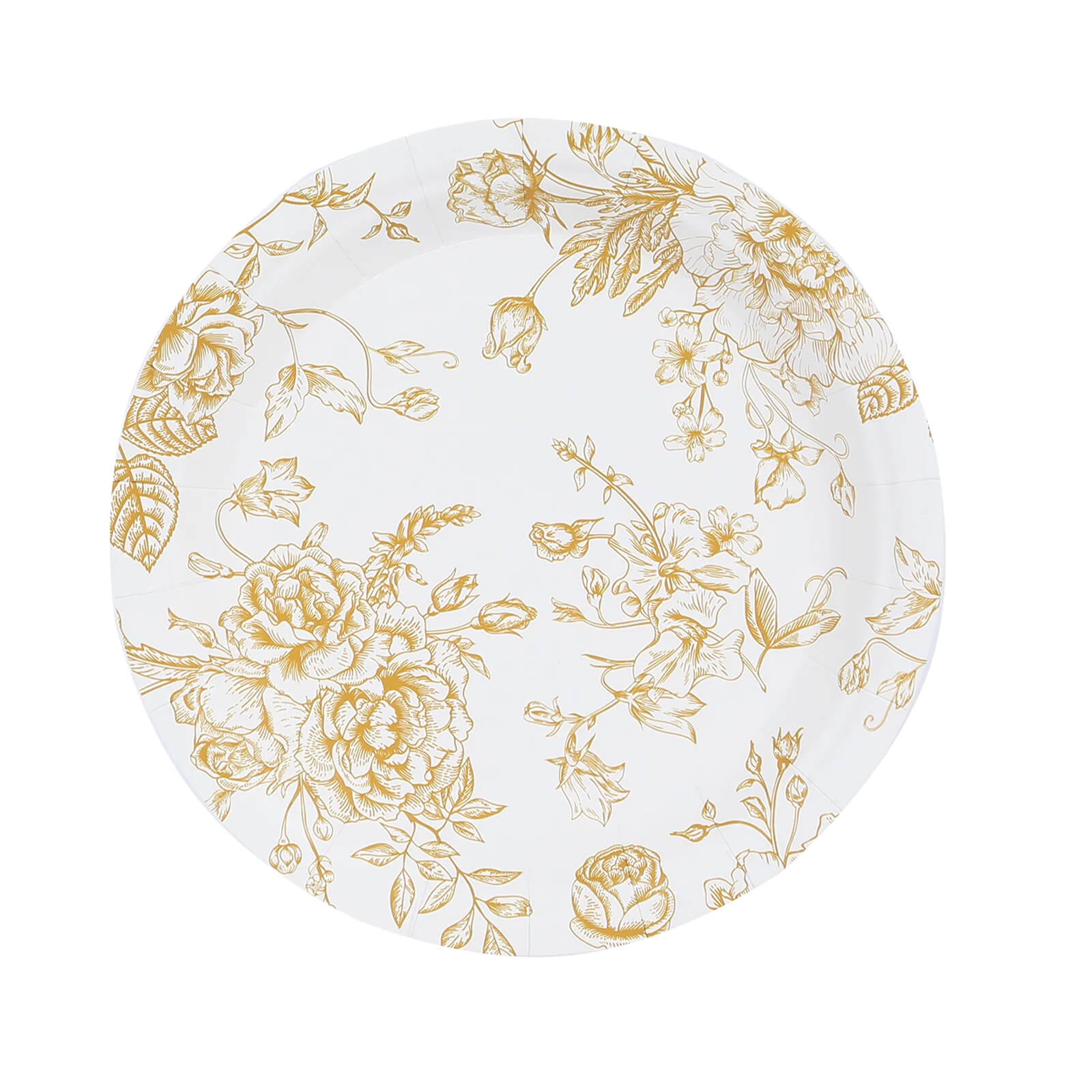 25-Pack Paper 7 Round Dessert Plates in White with Gold French Toile Pattern - Disposable Floral Salad Appetizer Plates for Chic Event Decor