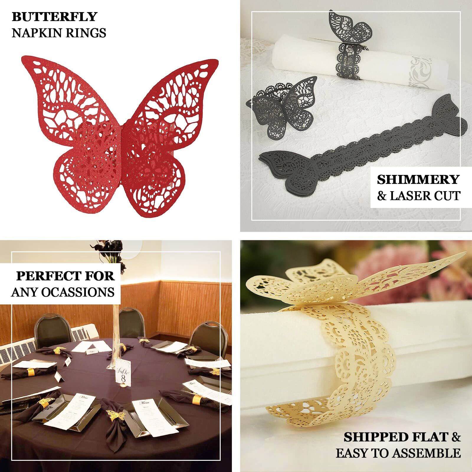 12-Pack Paper Napkin Rings Laser Cut Butterfly Metallic Silver - Decorative Serviette Holders