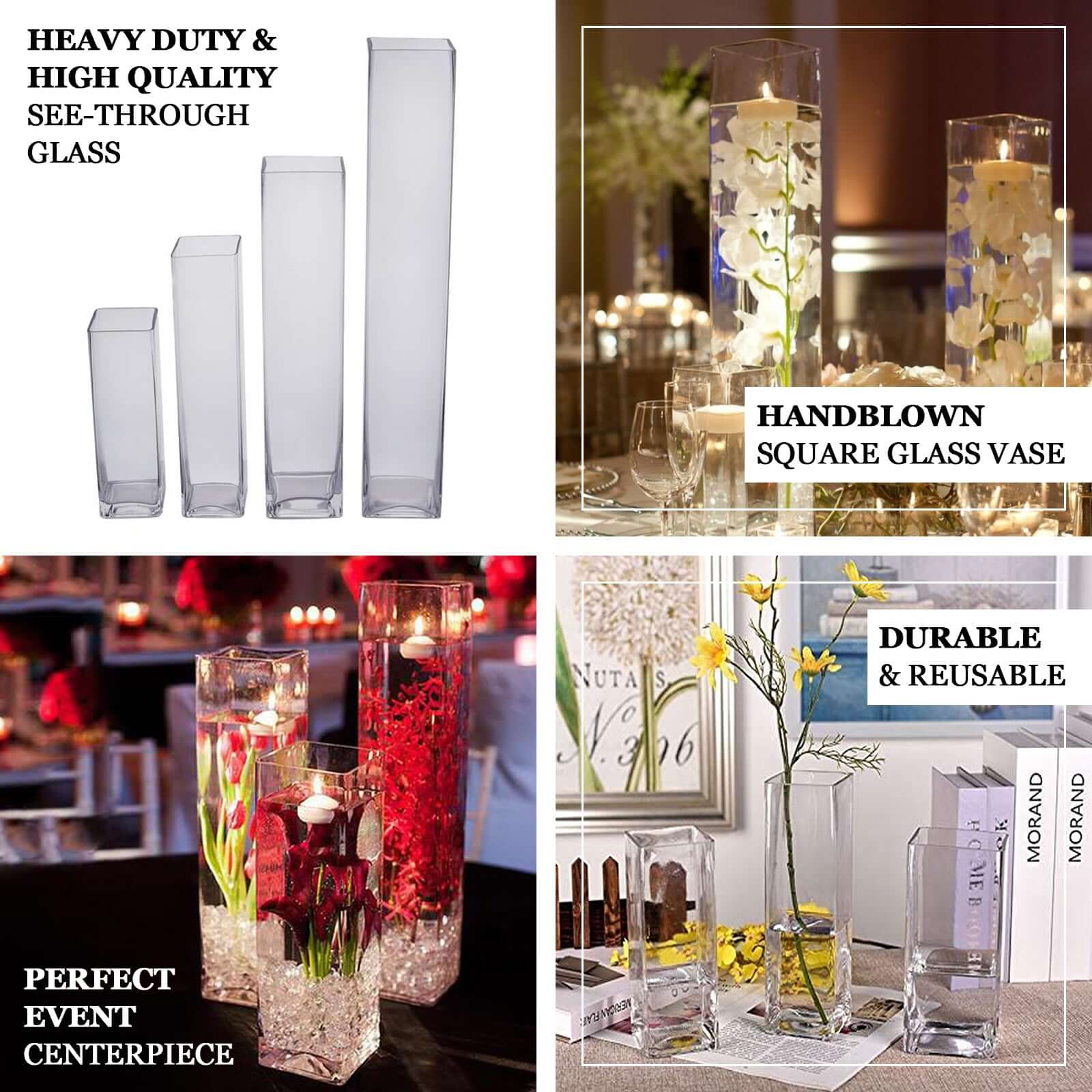 6-Pack Glass Cylinder Vases Square Clear - Durable Heavy Duty Floral Centerpieces for Weddings 24