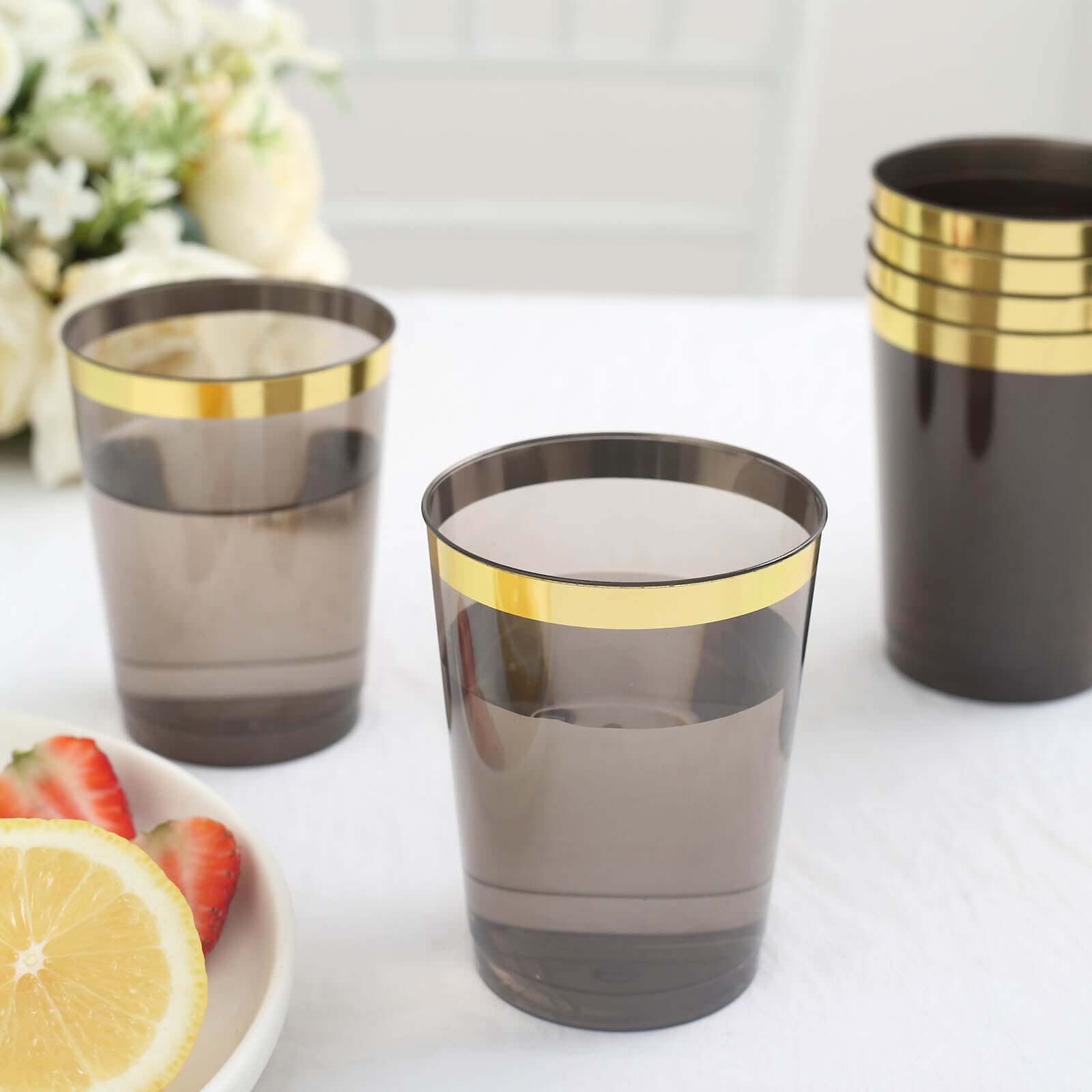 25-Pack Plastic Tumbler Cups Transparent Black with Gold Rim - Stylish Disposable Party Glasses 10oz