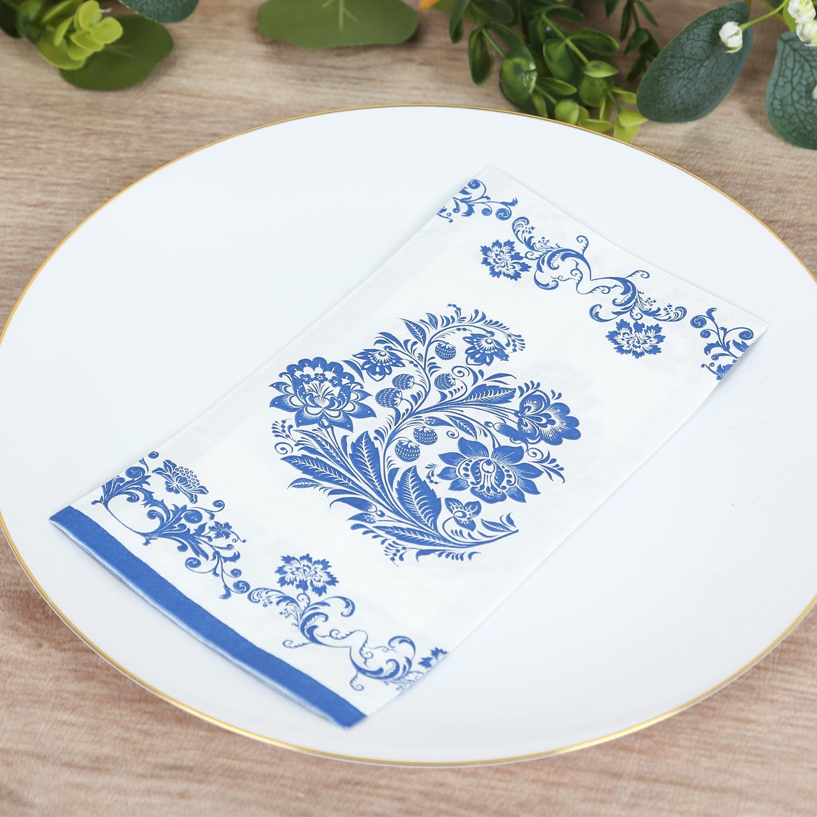 50 Pack 2-Ply Paper Party Napkins in White Royal Blue Damask Floral Pattern, Disposable Dinner Napkins - Highly Absorbent & Soft