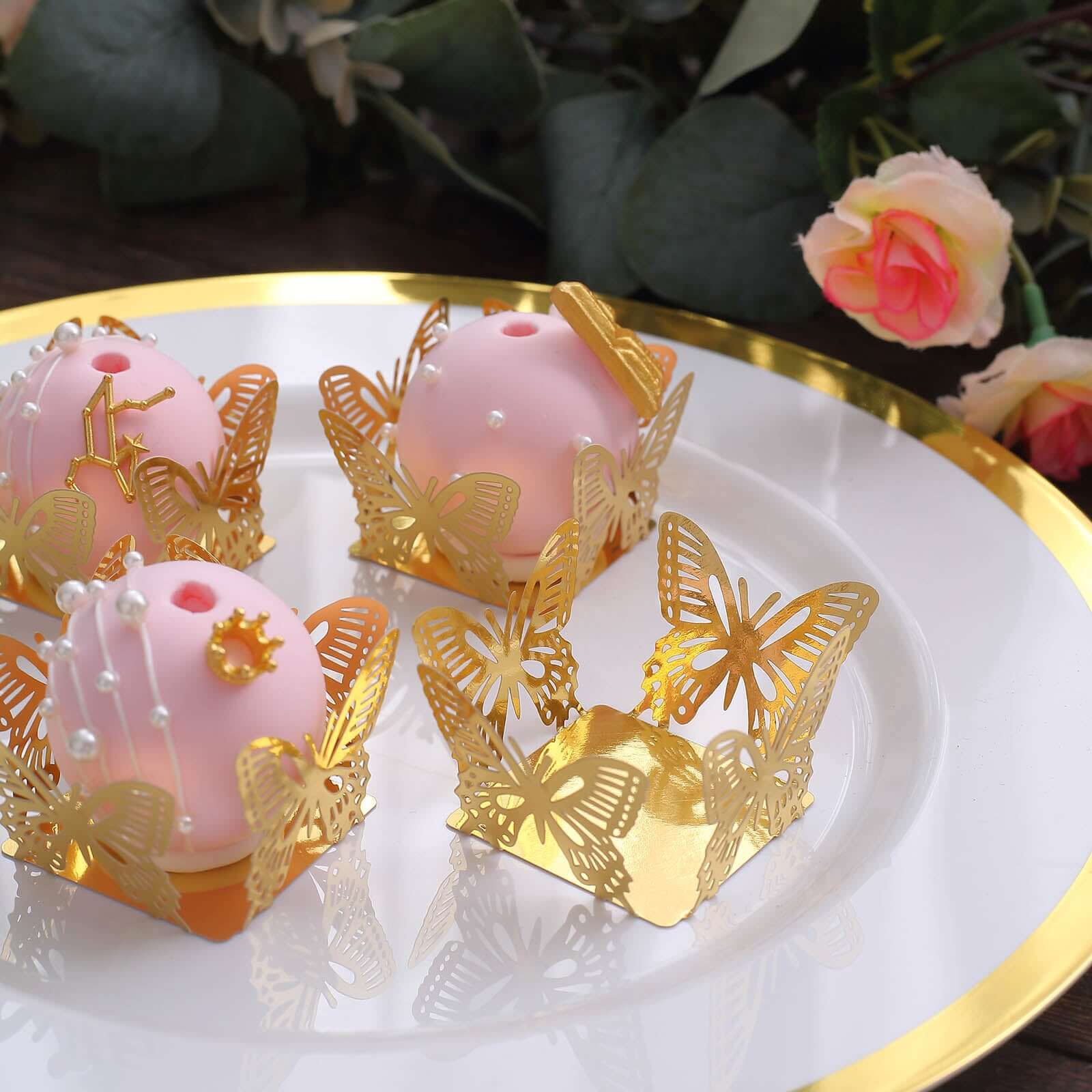 50-Pack Mini Paper Truffle Cup Liners Butterfly Square Design Metallic Gold - 225GSM Cupcake Tray Wrappers 4