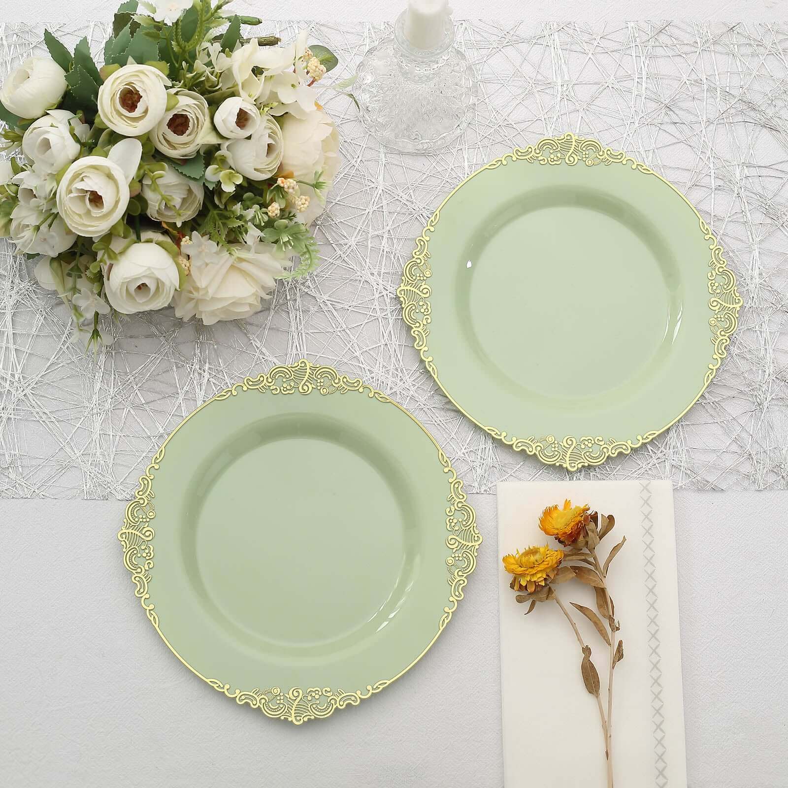 10-Pack Plastic 8 Round Dessert Plates in Sage Green with Gold Leaf Embossed Rim - Disposable Vintage Baroque Style Salad Plates