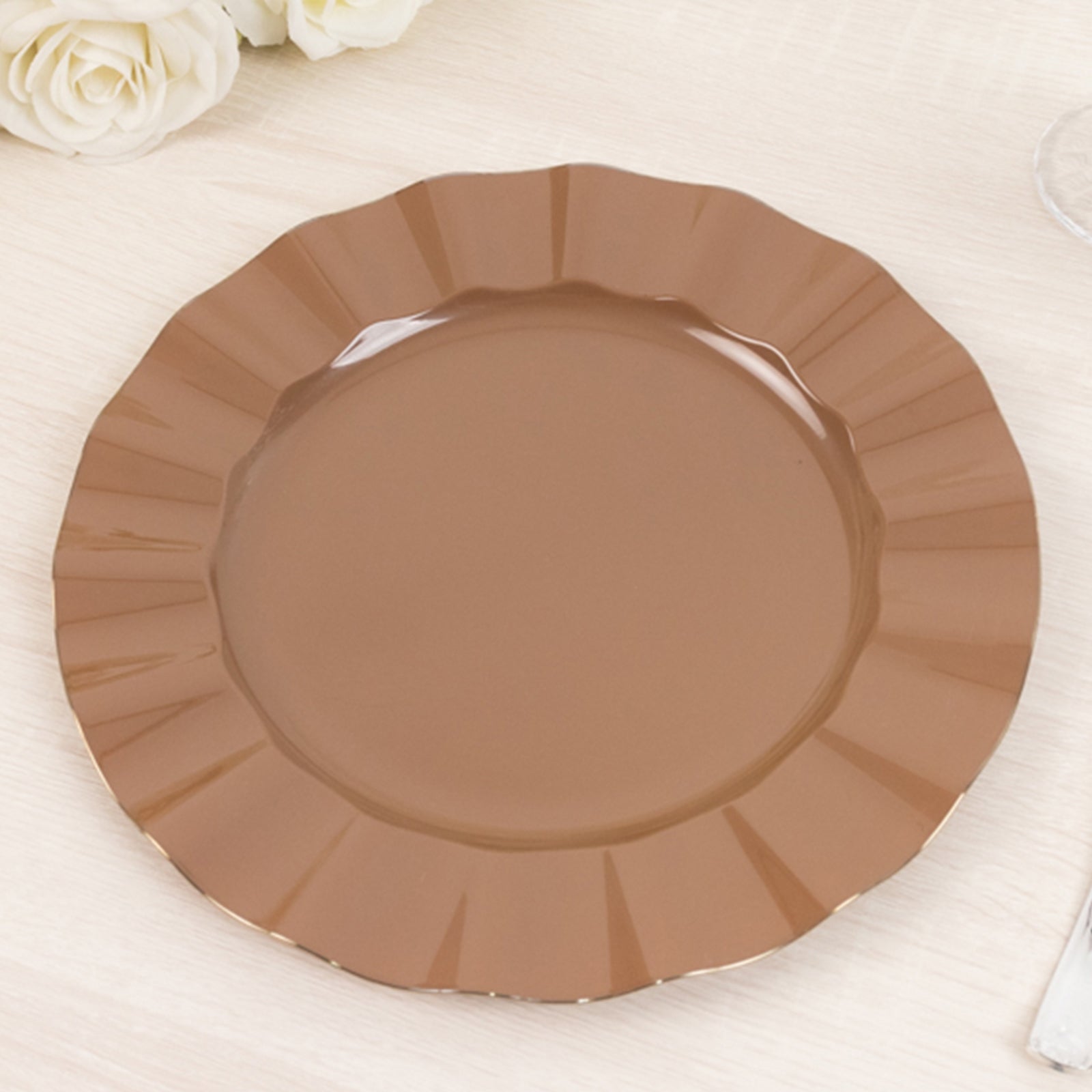 10-Pack Plastic 11 Round Dinner Plates in Coffee Brown Ruffled Rim with Gold Edging - Sturdy Disposable Dinnerware