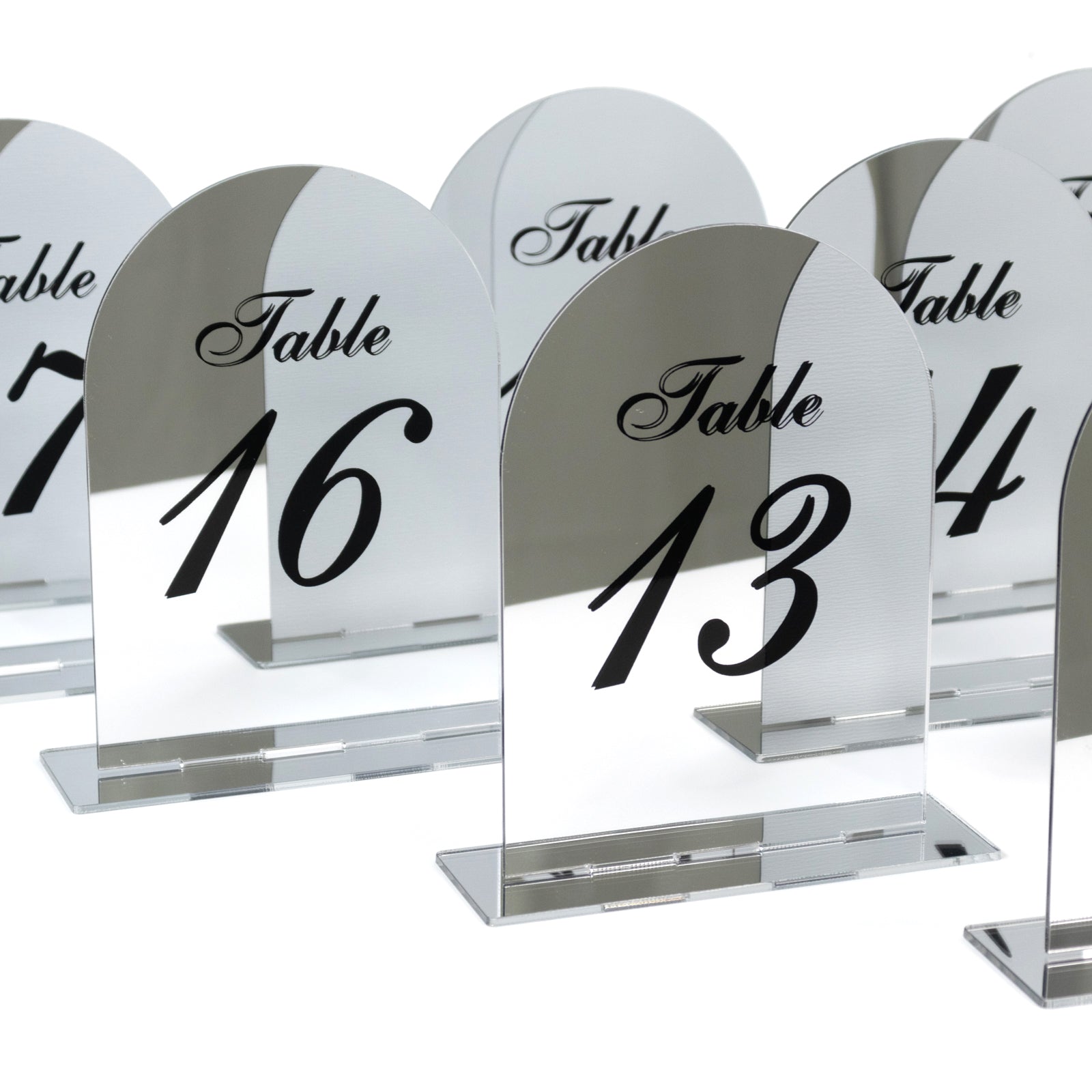 Silver Mirror Arch Acrylic Table Numbers (11-20) - 6x7 Wedding Reception Signs with Black Print & Stands