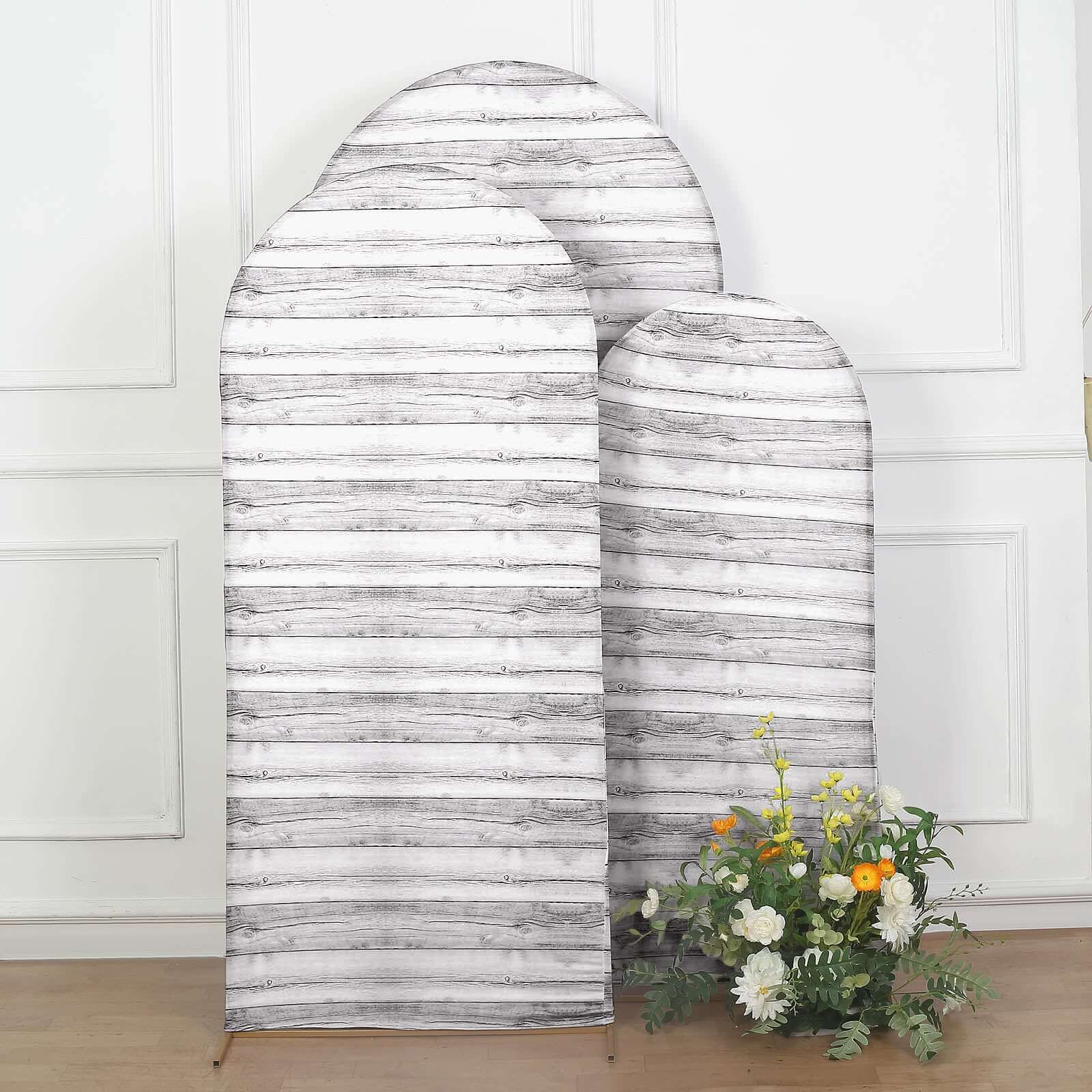 Set of 3 White Rustic Wood Plank Pattern Spandex Fitted Chiara Backdrop Stand Cover For Round Top Wedding Arch - 5ft, 6ft, 7ft