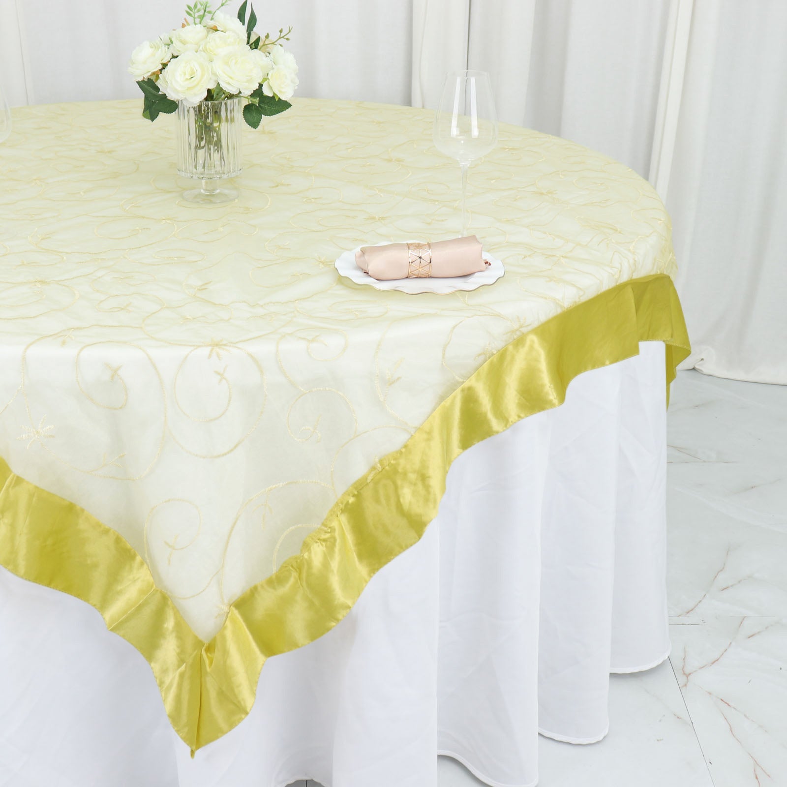 60x60 Yellow Embroidered Sheer Organza Square Table Overlay With Satin Edge