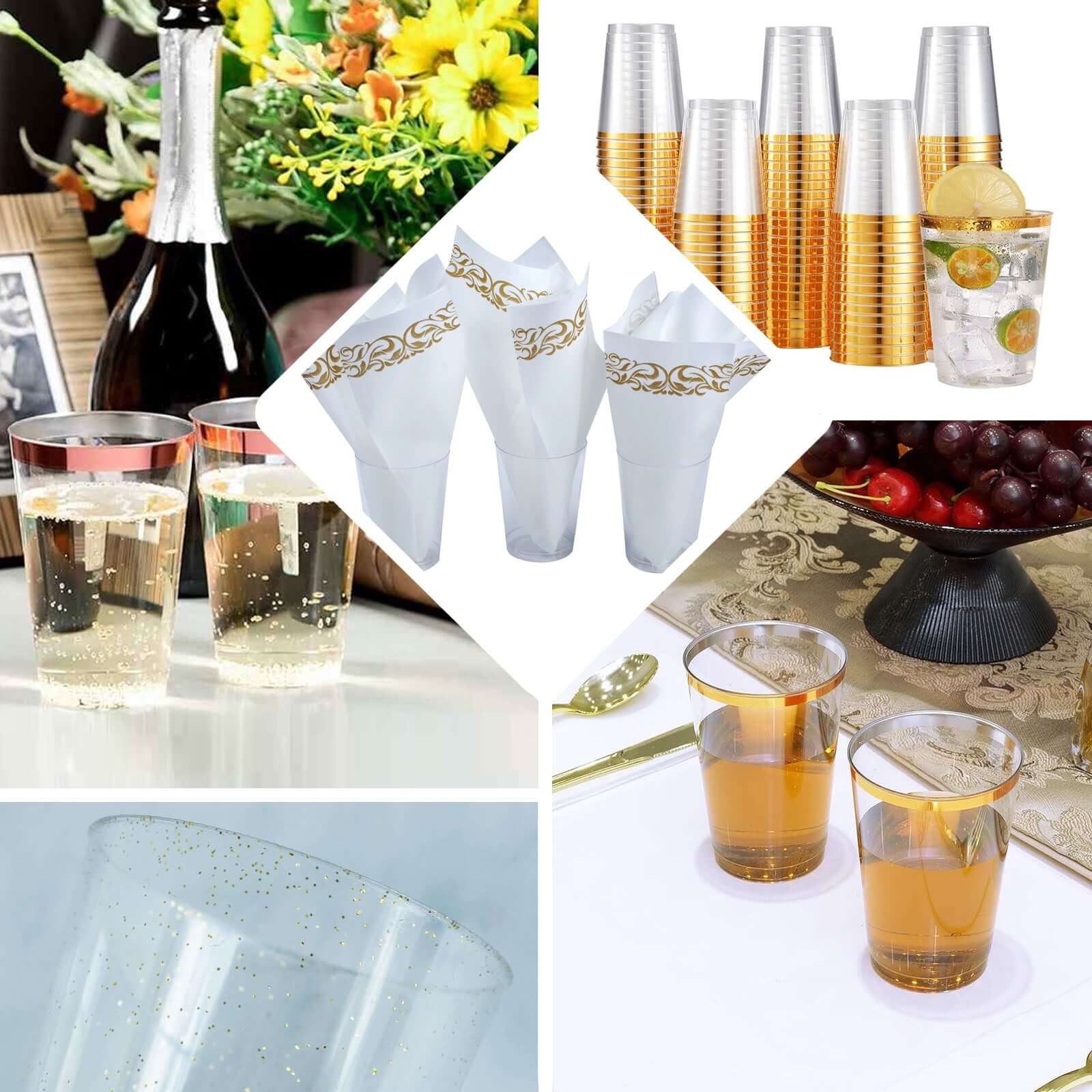 25-Pack Plastic Party Cups Transparent Black Crystal with Gold Rim - Stylish Short Disposable Glasses 9oz