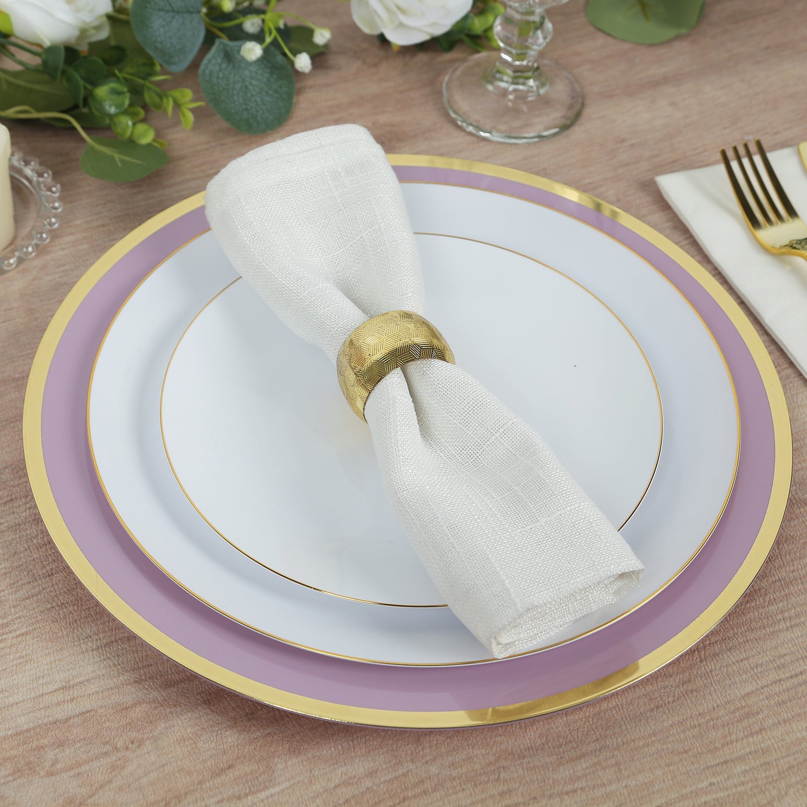 10-Pack Economy Plastic Round Charger Plates 12 in Lavender Lilac with Wide Gold Rim, Decorative Dinner Party Serving Plates