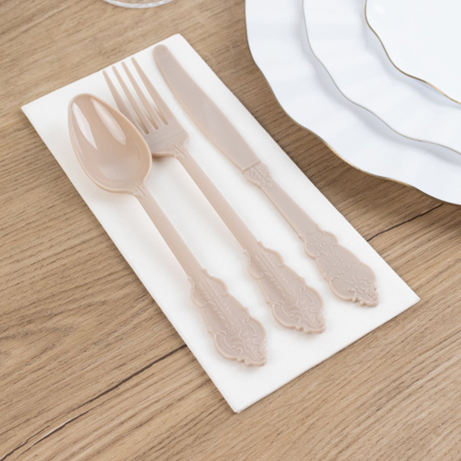 72 Pcs Plastic Silverware Set in Baroque Style Taupe - Heavy Duty Disposable Knife, Fork, and Spoon Set