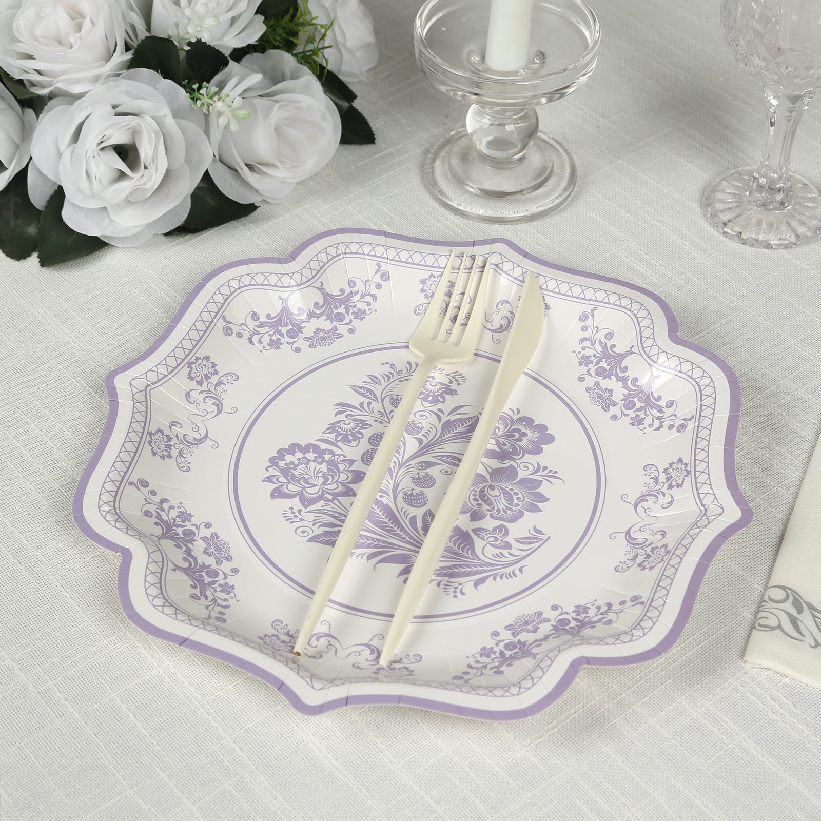 25-Pack Paper Dessert Plates in White with Lavender Lilac French Toile Print & Scallop Rim - Stylish Disposable 300GSM Floral Salad Appetizer Plates 8