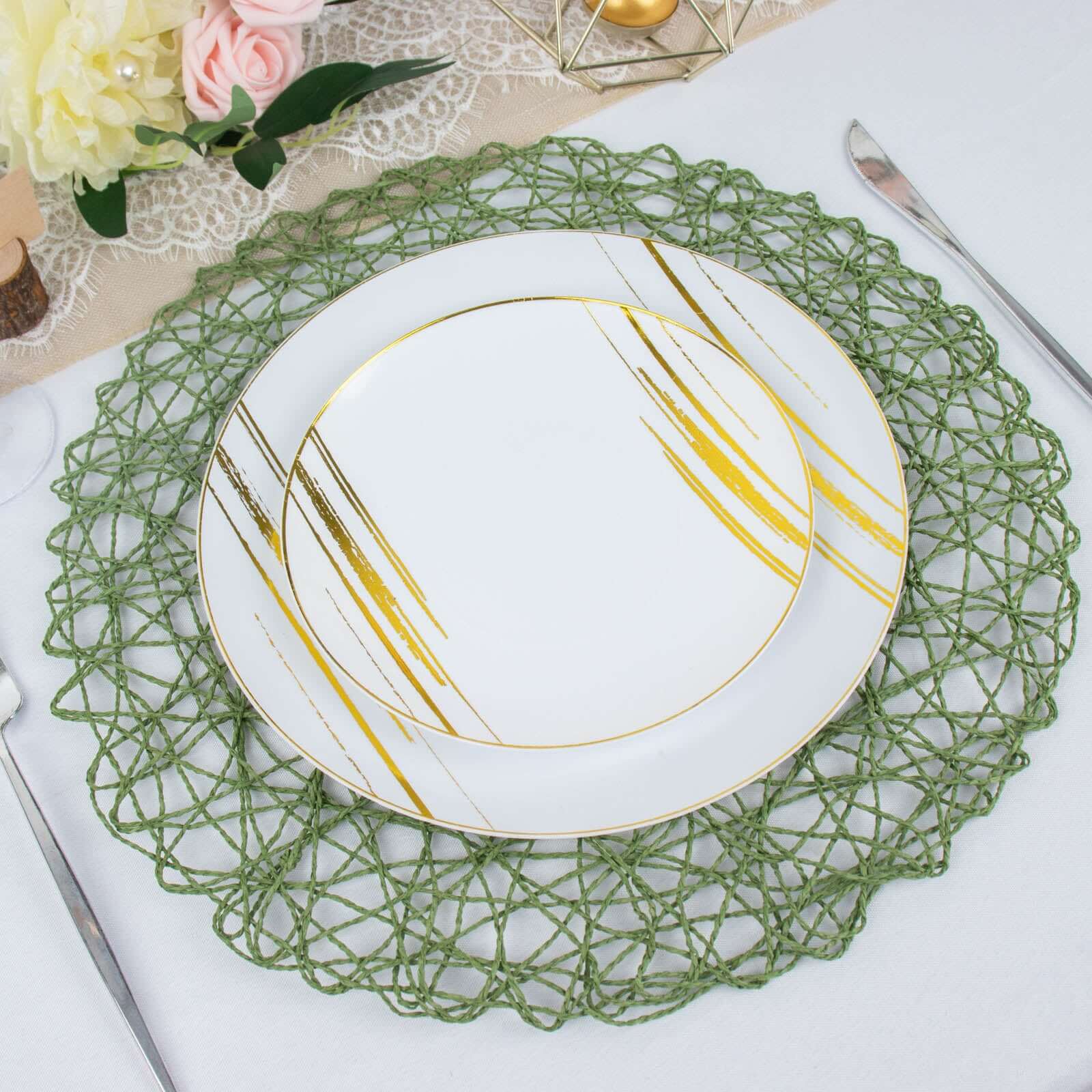 6-Pack Table Placemats Woven Fiber Design Olive Green Round - Disposable Mats for Dining and Events 15