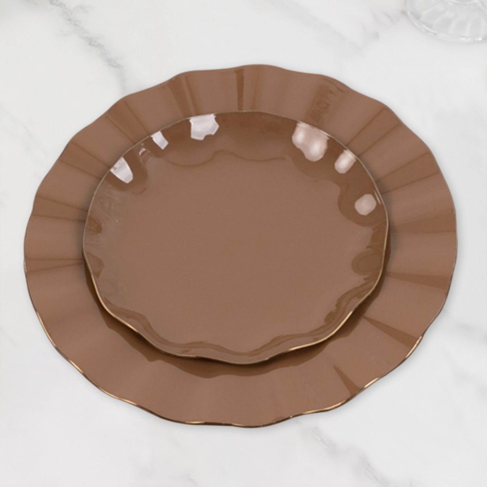 10-Pack Plastic Round 6 Dessert Plates in Coffee Brown Ruffled Rim with Gold Edging - Sturdy Disposable Salad Appetizer Dinnerware