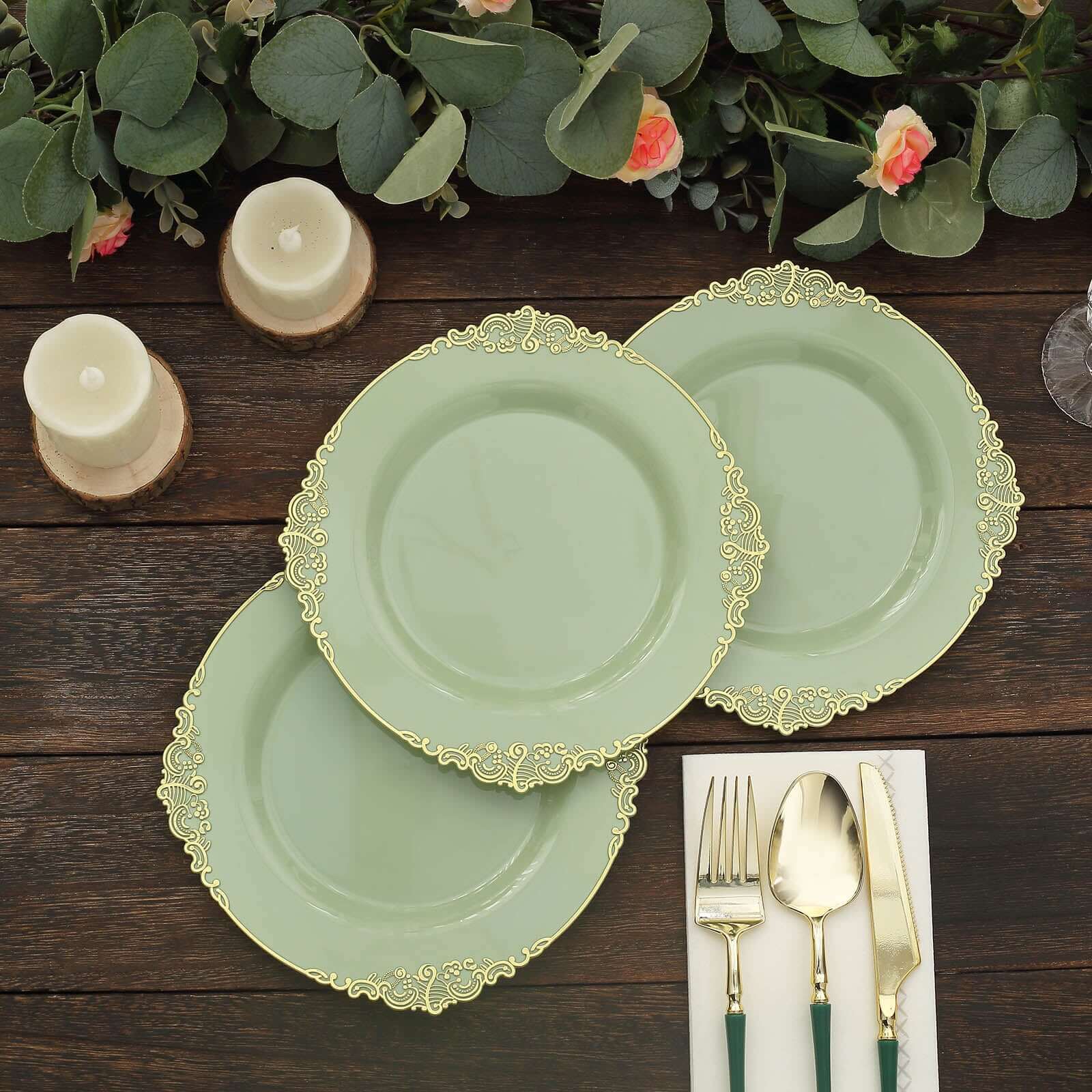 10-Pack Plastic 8 Round Dessert Plates in Sage Green with Gold Leaf Embossed Rim - Disposable Vintage Baroque Style Salad Plates