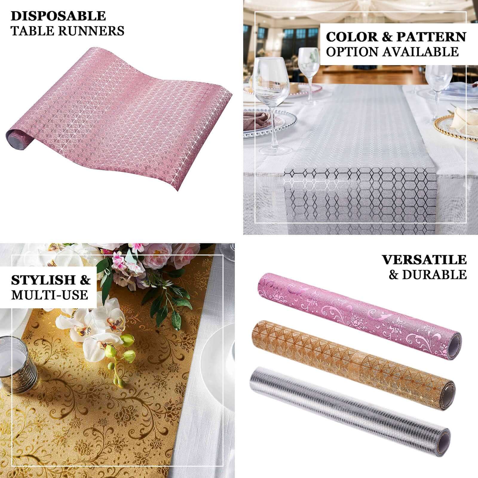 5 Pack Gold Glitter Paper Table Runners with Vintage Floral Vine Pattern - 10ft Disposable Wedding & Party Table Runners