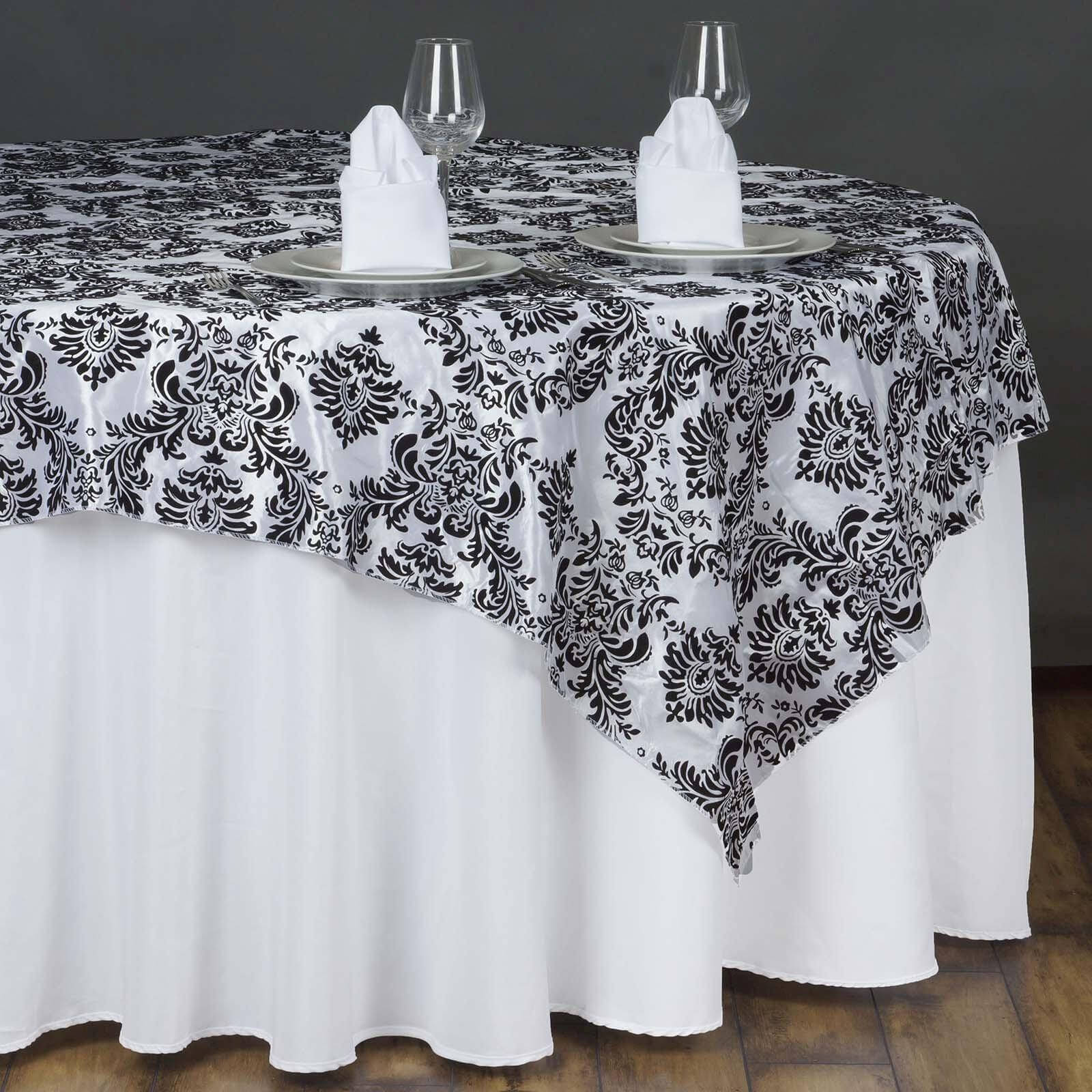 Flocking 90x90 Table Overlay Square Tablecloth Black - Damask Design for Sophisticated Occasions