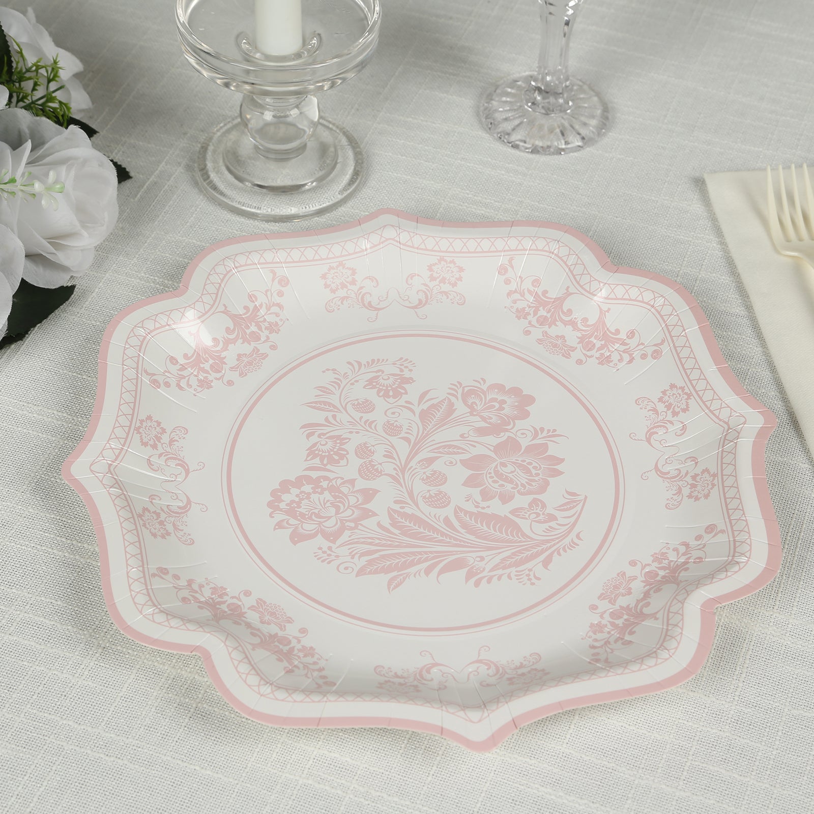 25-Pack Paper Dinner Plates in White with Pink French Toile Print & Scallop Rim - Stylish Disposable 300GSM Floral Party Plates 10