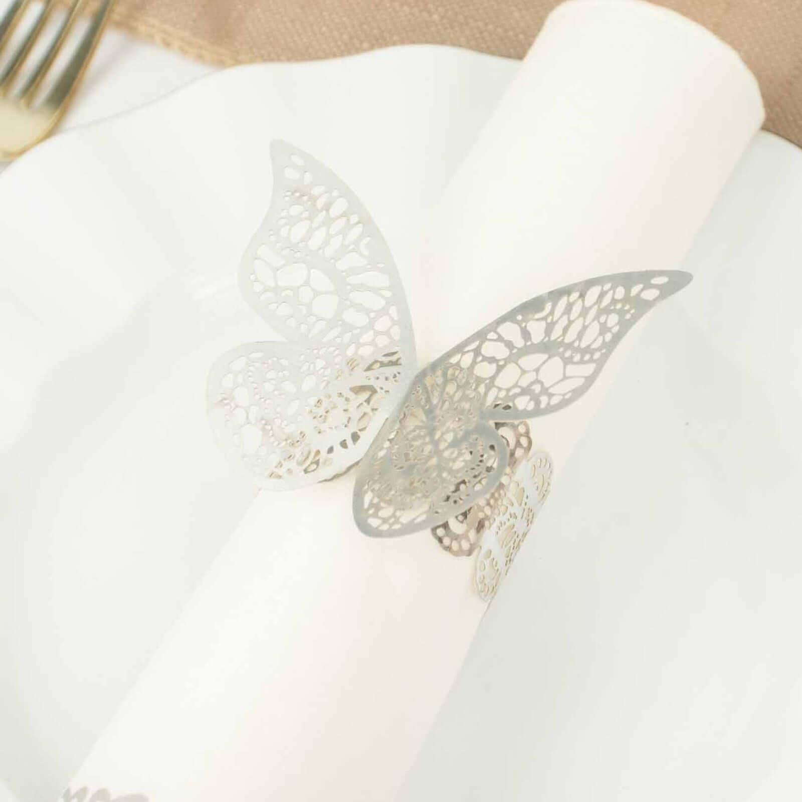 12-Pack Paper Napkin Rings Laser Cut Butterfly Metallic Silver - Decorative Serviette Holders