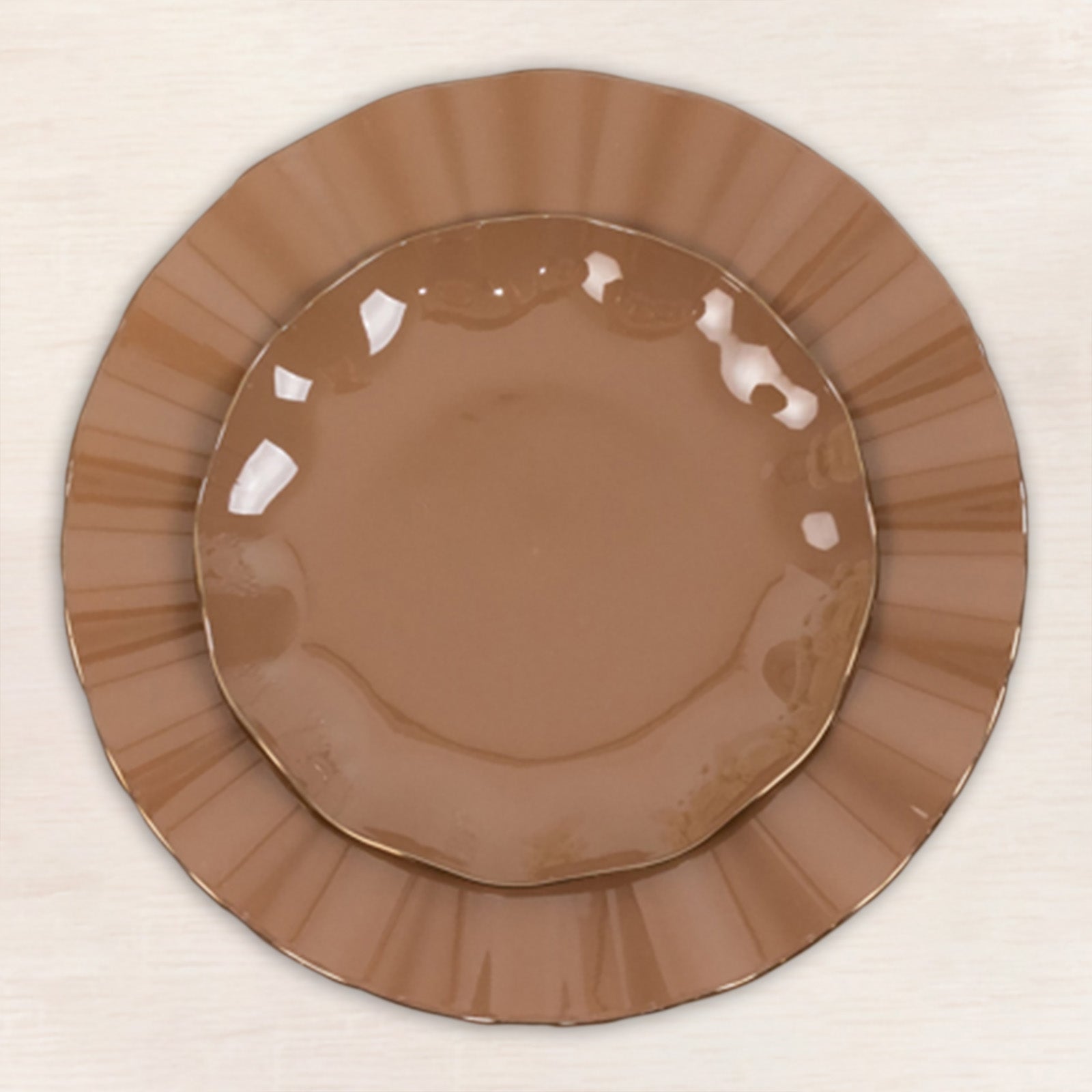 10-Pack Plastic Round 6 Dessert Plates in Coffee Brown Ruffled Rim with Gold Edging - Sturdy Disposable Salad Appetizer Dinnerware