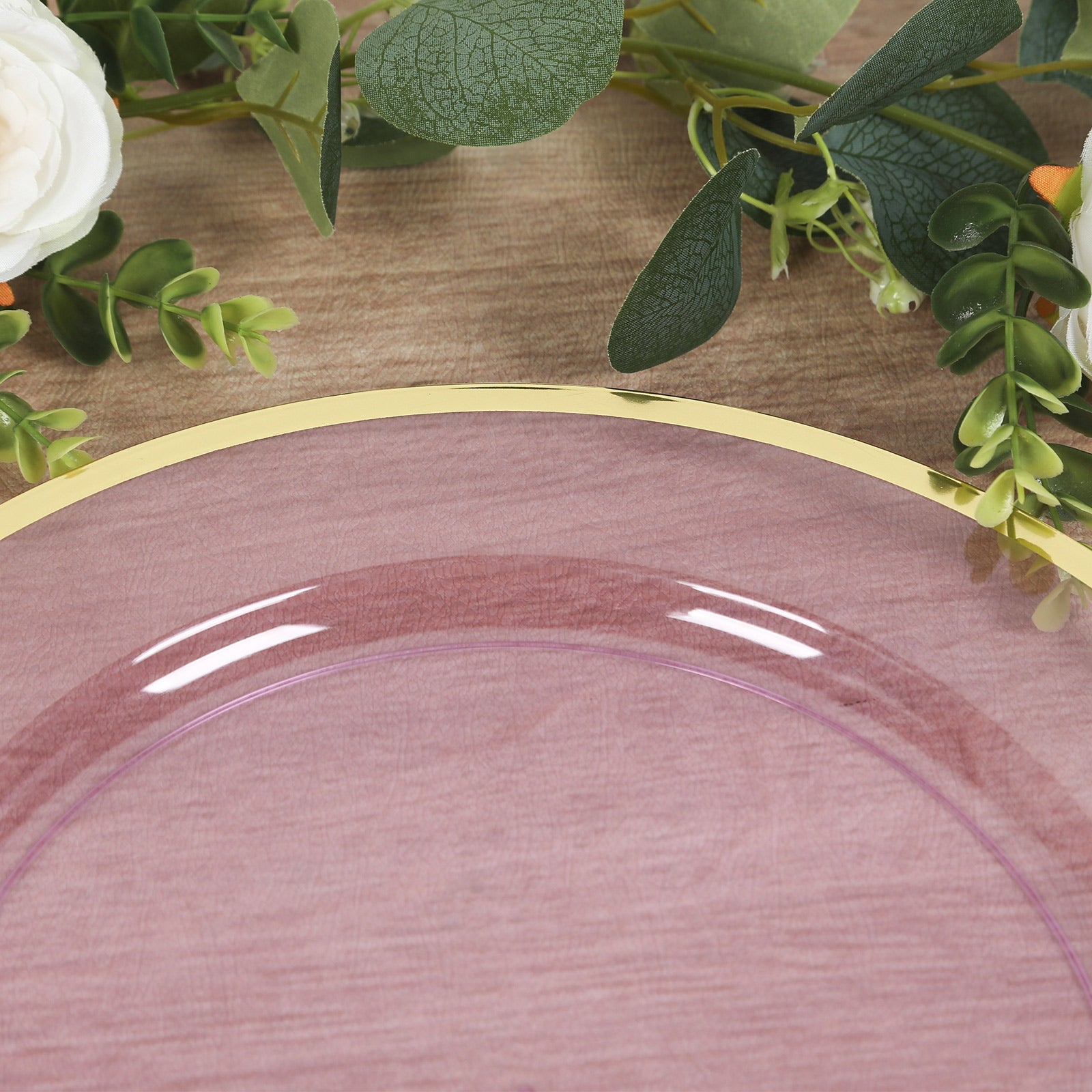 10 Pack Purple Economy Plastic Charger Plates With Gold Rim, 12 Round Transparent Dinner Chargers Event Tabletop Decor