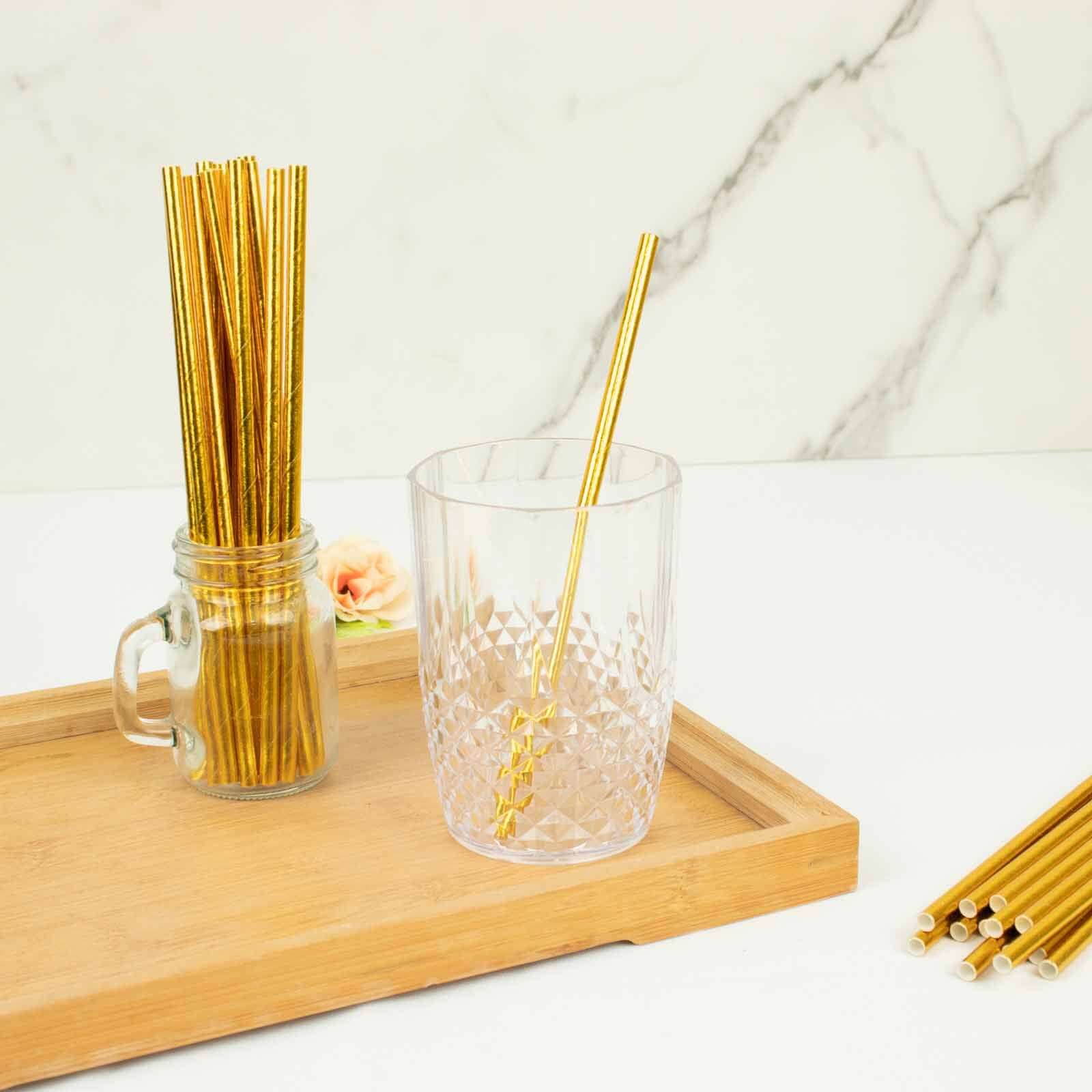 50-Pack Paper Drinking Straws Metallic Gold Foil Food Grade - Disposable Biodegradable Straws for Events 8