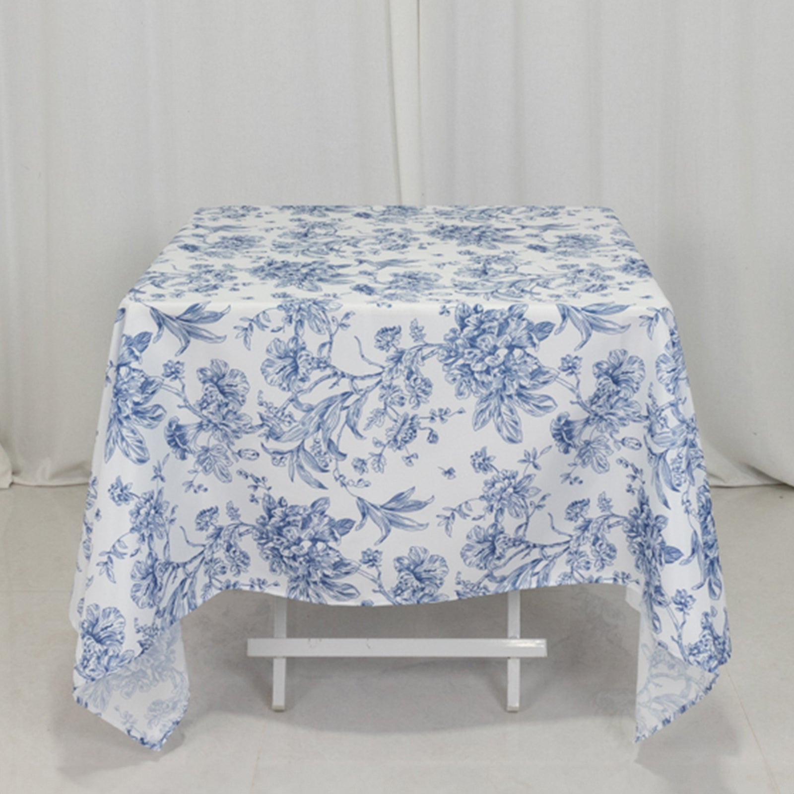 Polyester 70x70 Square Tablecloth White - Blue French Toile Pattern for Sophisticated Settings