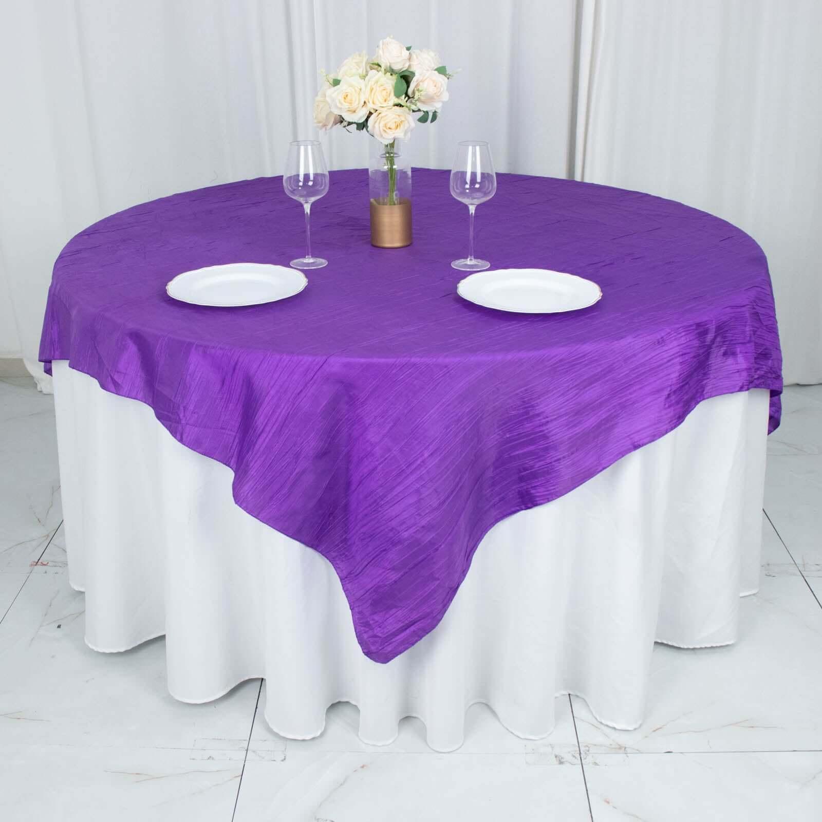 Taffeta 72x72 Table Overlay Square Tablecloth Purple - Accordion Crinkle Table Cover