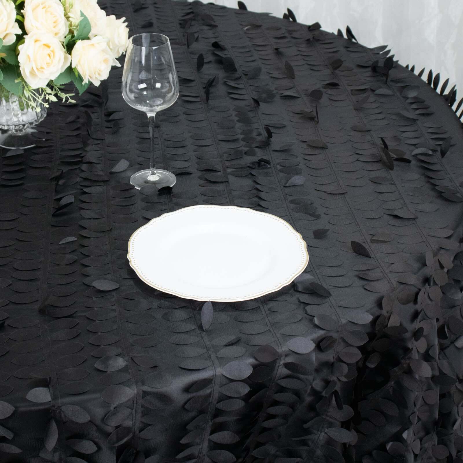 Taffeta 132 Round Tablecloth Black 3D | 3D Leaf Petal Design Seamless Table Cover