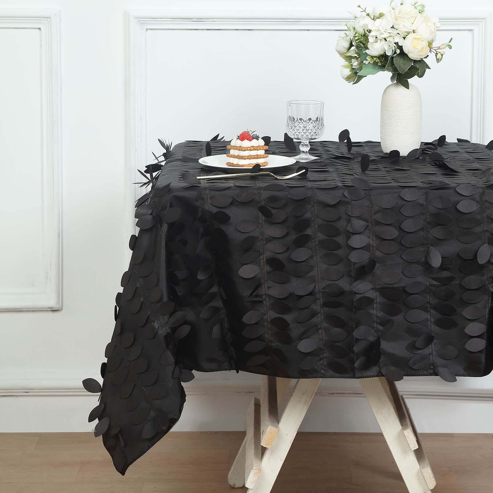 Taffeta 54x54 Table Overlay Square Tablecloth Black 3D Leaf Petal Table Cover