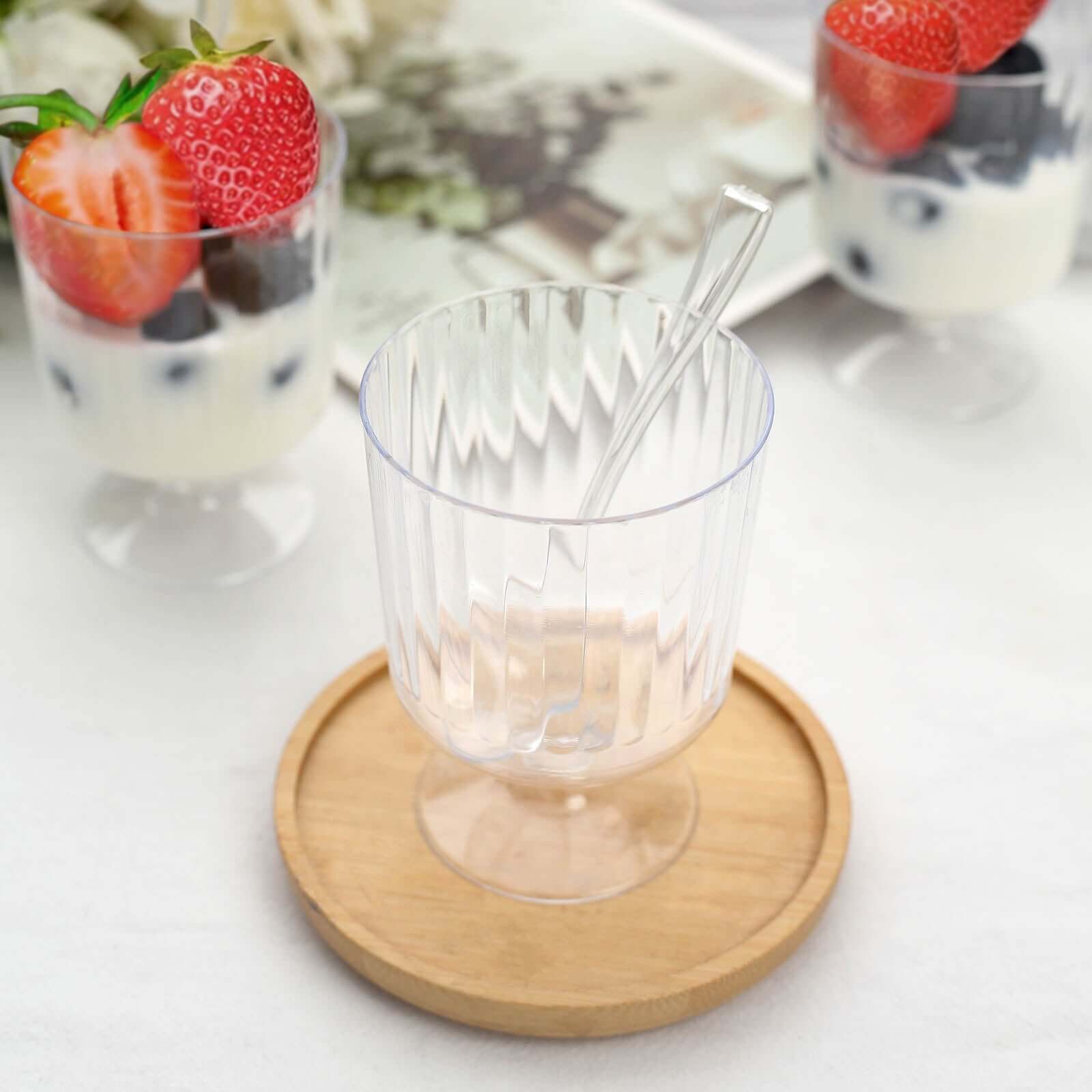 24-Pack Plastic Dessert Cups Clear Ribbed Design with Pedestals - Disposable Mini Snack Cup and Spoon Set for Catering Events & Banquets 5oz