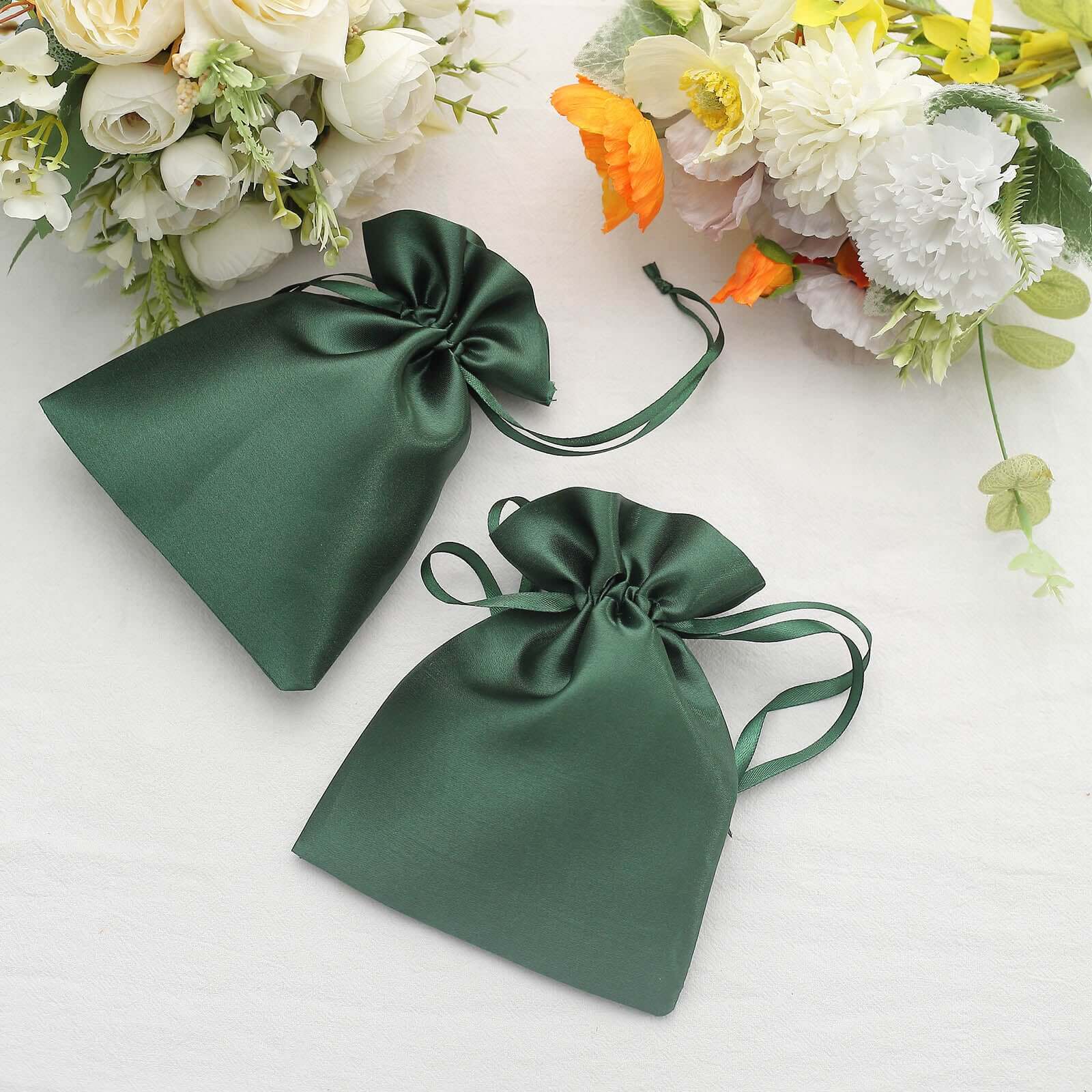 12 Pack 5x7 Hunter Emerald Green Satin Wedding Party Favor Bags, Drawstring Pouch Gift Bags