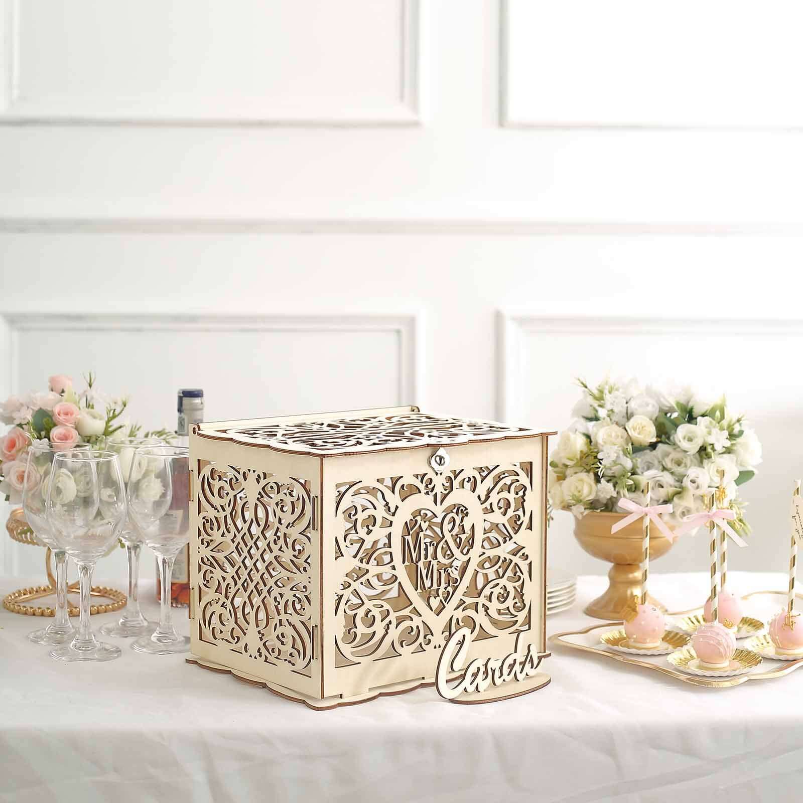 Natural Wooden Laser Cut Mr. & Mrs. Wedding Card Box With Label, Rustic DIY Hollow Money Box And Stand - 12x9