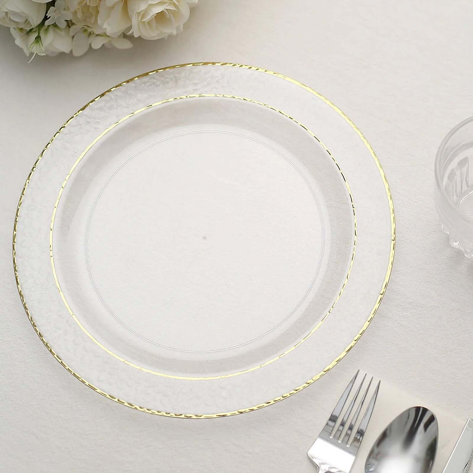 10-Pack Plastic 10 Round Dinner Plates in Clear Hammered Design with Gold Rim - Disposable Party Plates for Chic Banquets & Special Occasions