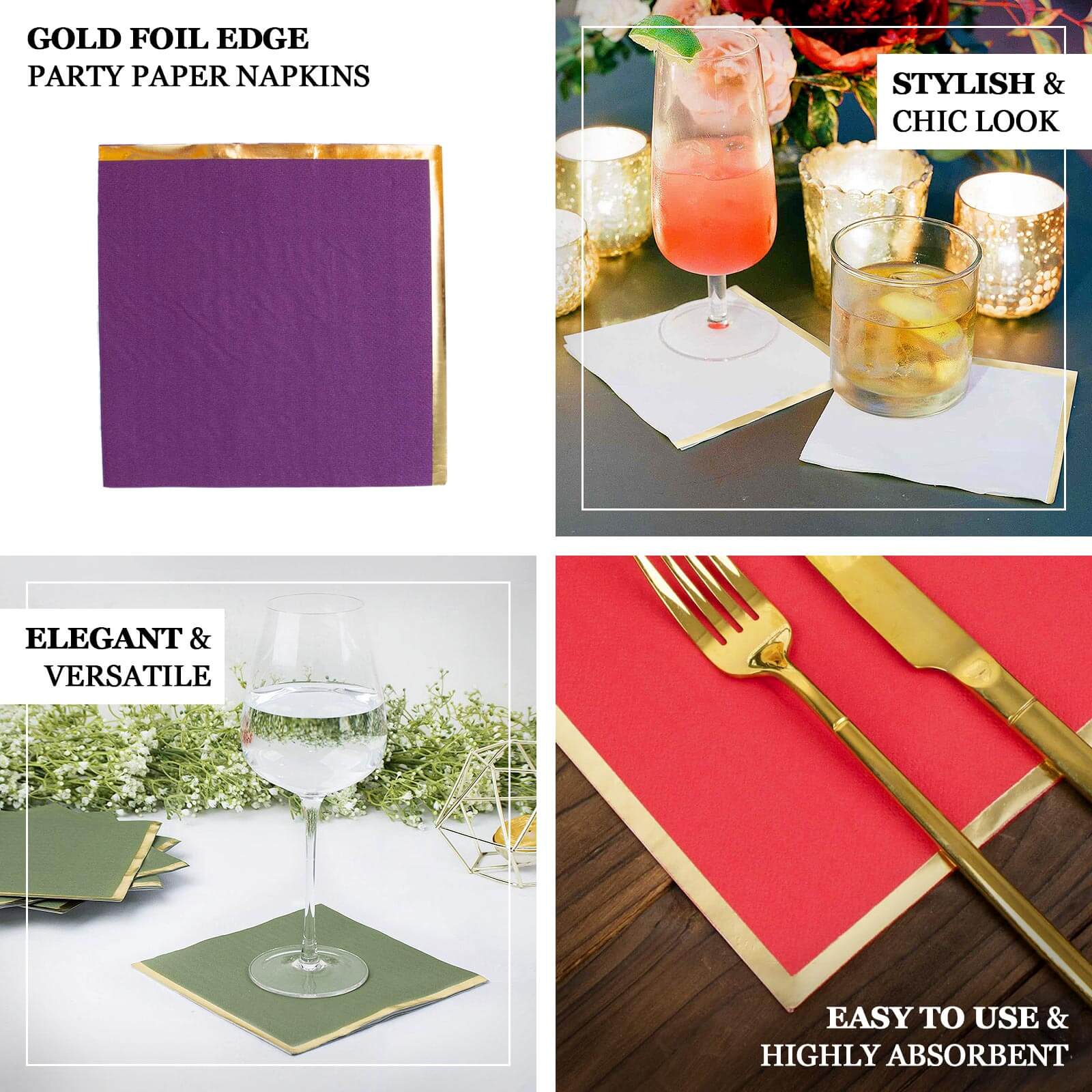 50-Pack Paper Beverage Napkins with Gold Foil Edge Purple - Disposable 2 Ply Cocktail Napkins for Events 6.5x6.5