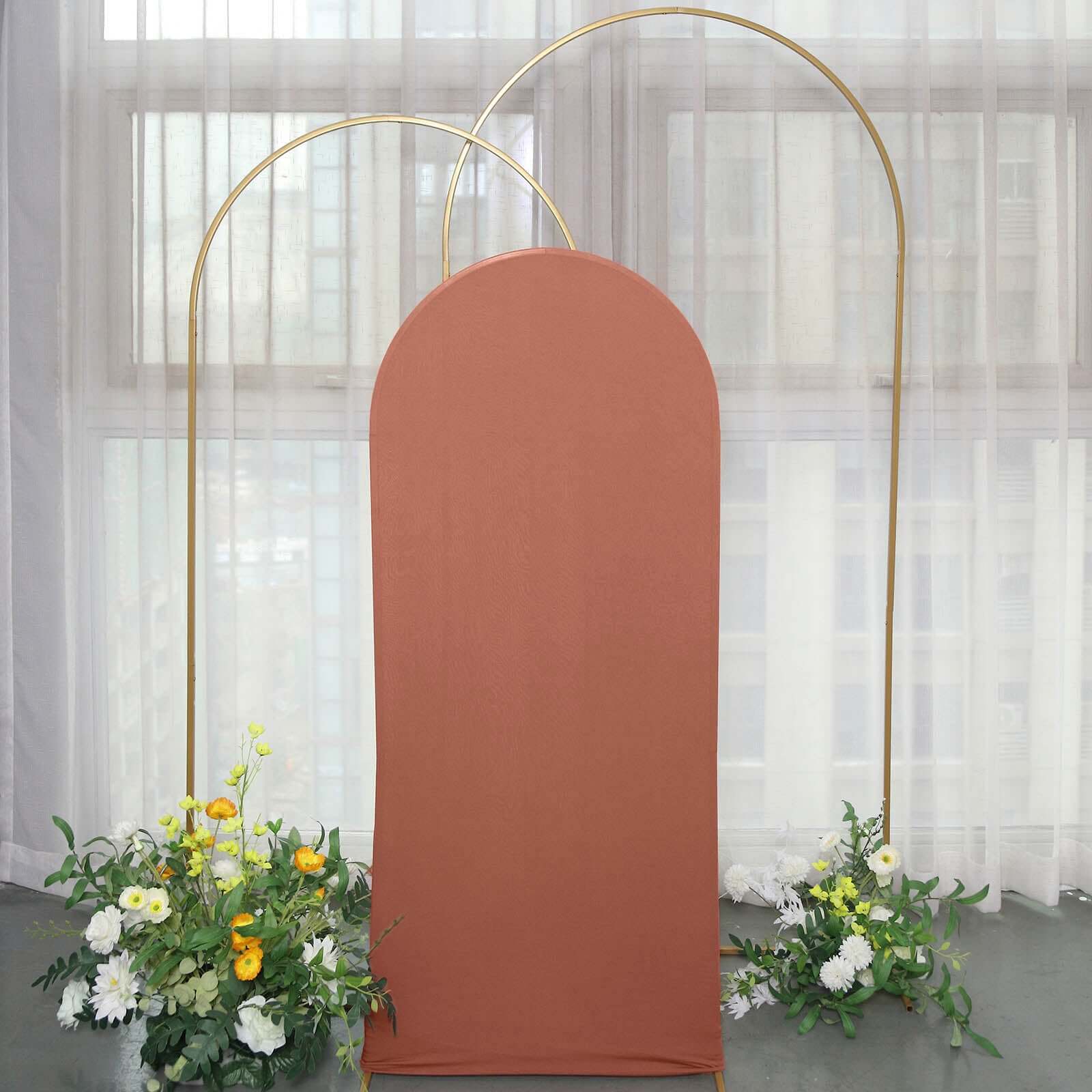 5ft Matte Terracotta (Rust) Spandex Fitted Chiara Backdrop Stand Cover For Round Top Wedding Arch