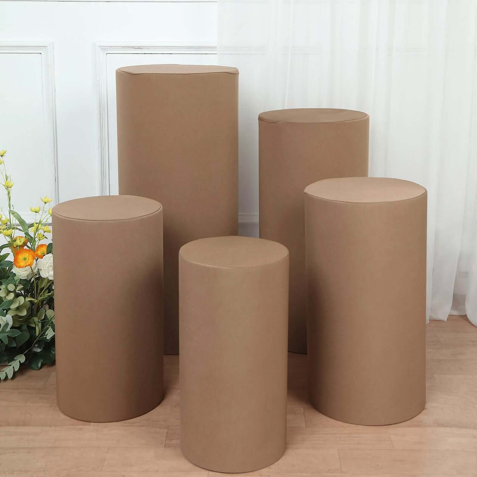 Set of 5 Taupe Spandex Cylinder Pedestal Stand Covers, Stretchable Pillar Prop Covers - 160 GSM