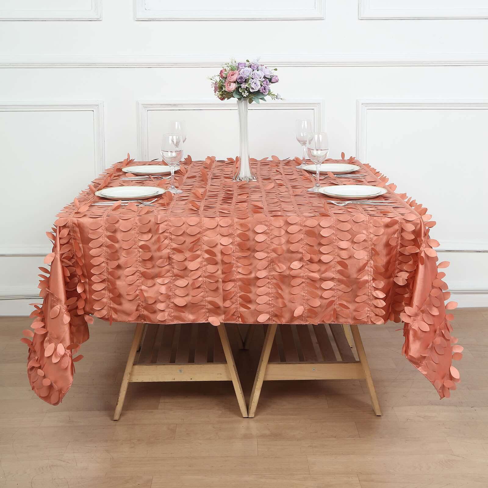 Taffeta 72x72 Table Overlay Square Tablecloth Terracotta (Rust) - 3D Leaf Petal Table Cover