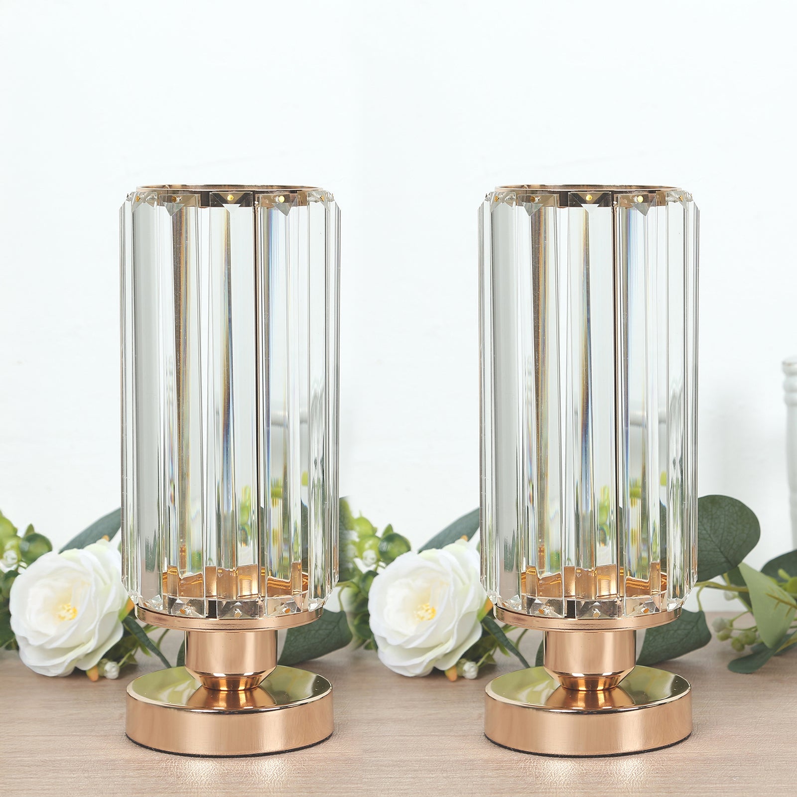 2 Pack 11 Crystal Pendant Hurricane Candle Holders in Gold, Elegant Cylinder Design for Pillar Candles, Short-Stemmed, Decorative Table Centerpieces