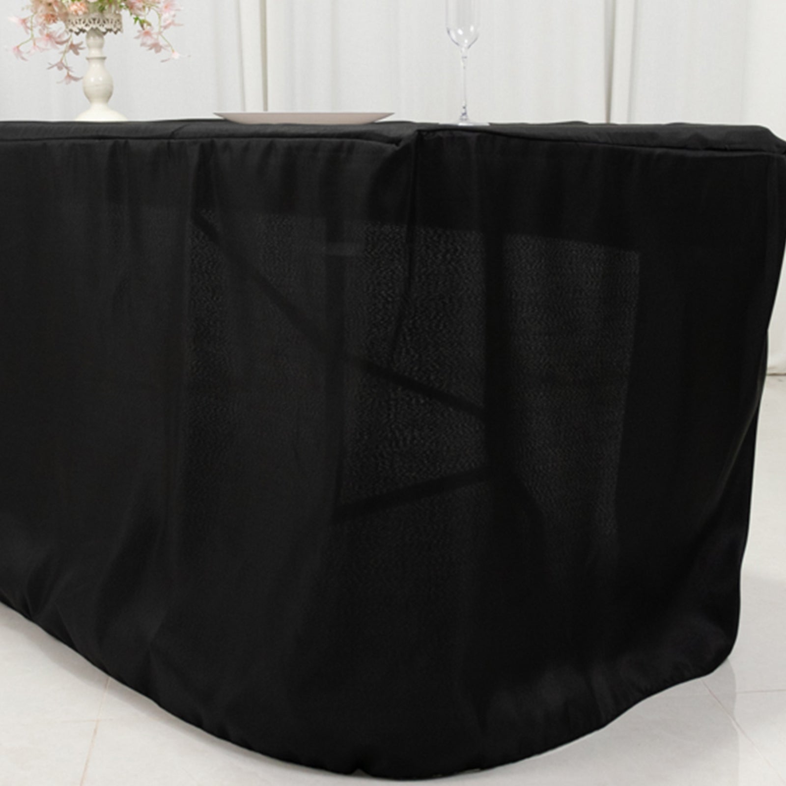 Fitted Polyester 96x30 Rectangle Tablecloth Black with Open Back Design - Easy to Maintain and Wrinkle-Resistant Table Cover for Trade Shows & Displays