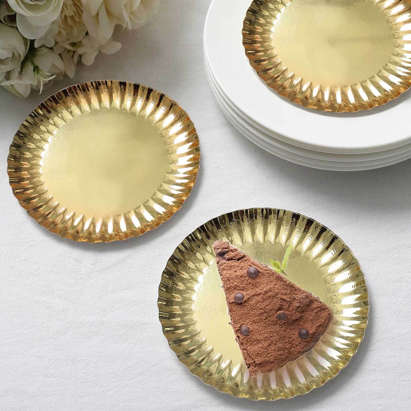 50-Pack Paper 5 Round Dessert Plates in Metallic Gold with Scalloped Rim - Disposable 250GSM Appetizer Party Plates for Banquets & Upscale Gatherings