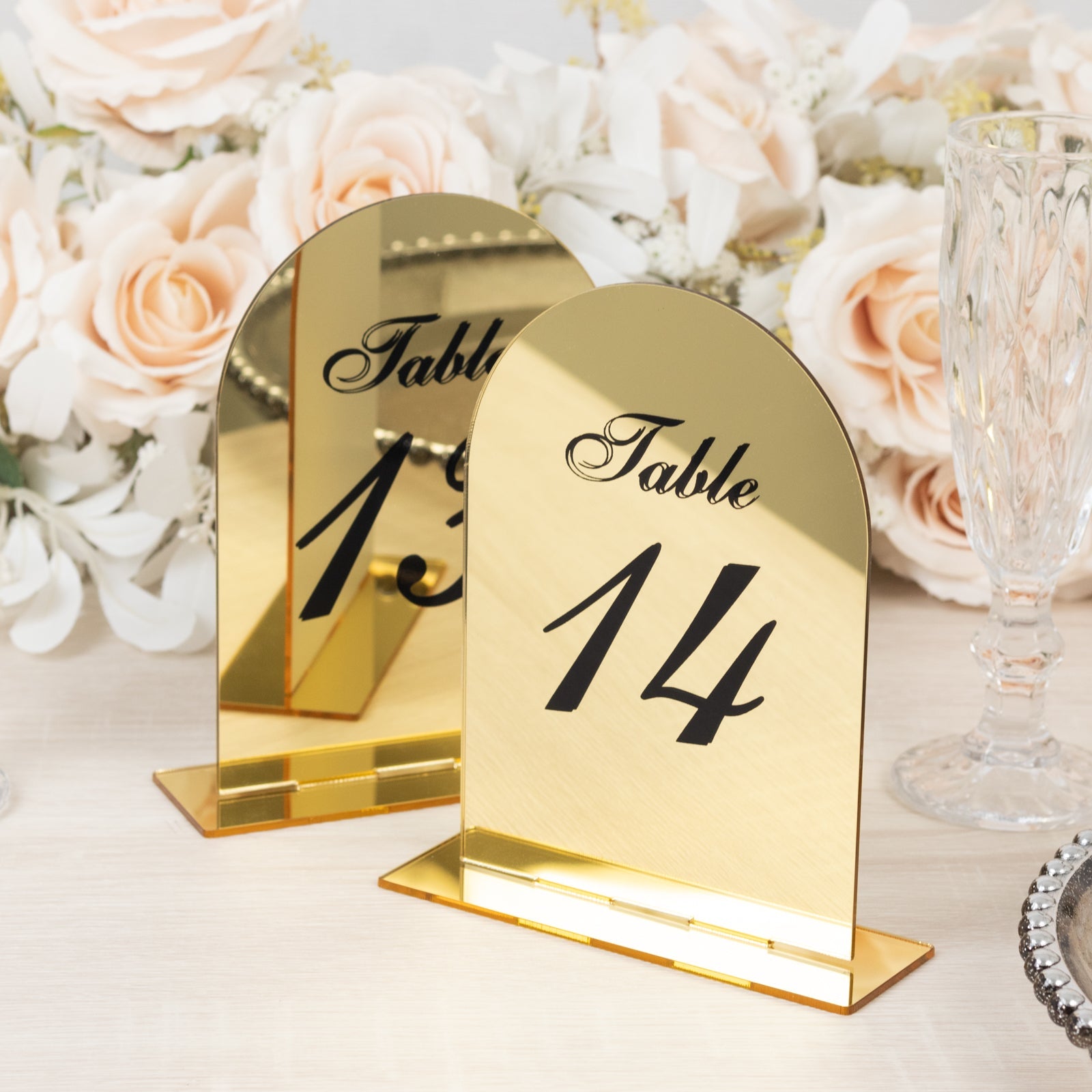 Gold Mirror Arch Acrylic Table Numbers (11-20) - 6x7 Wedding Reception Signs with Black Print & Stands